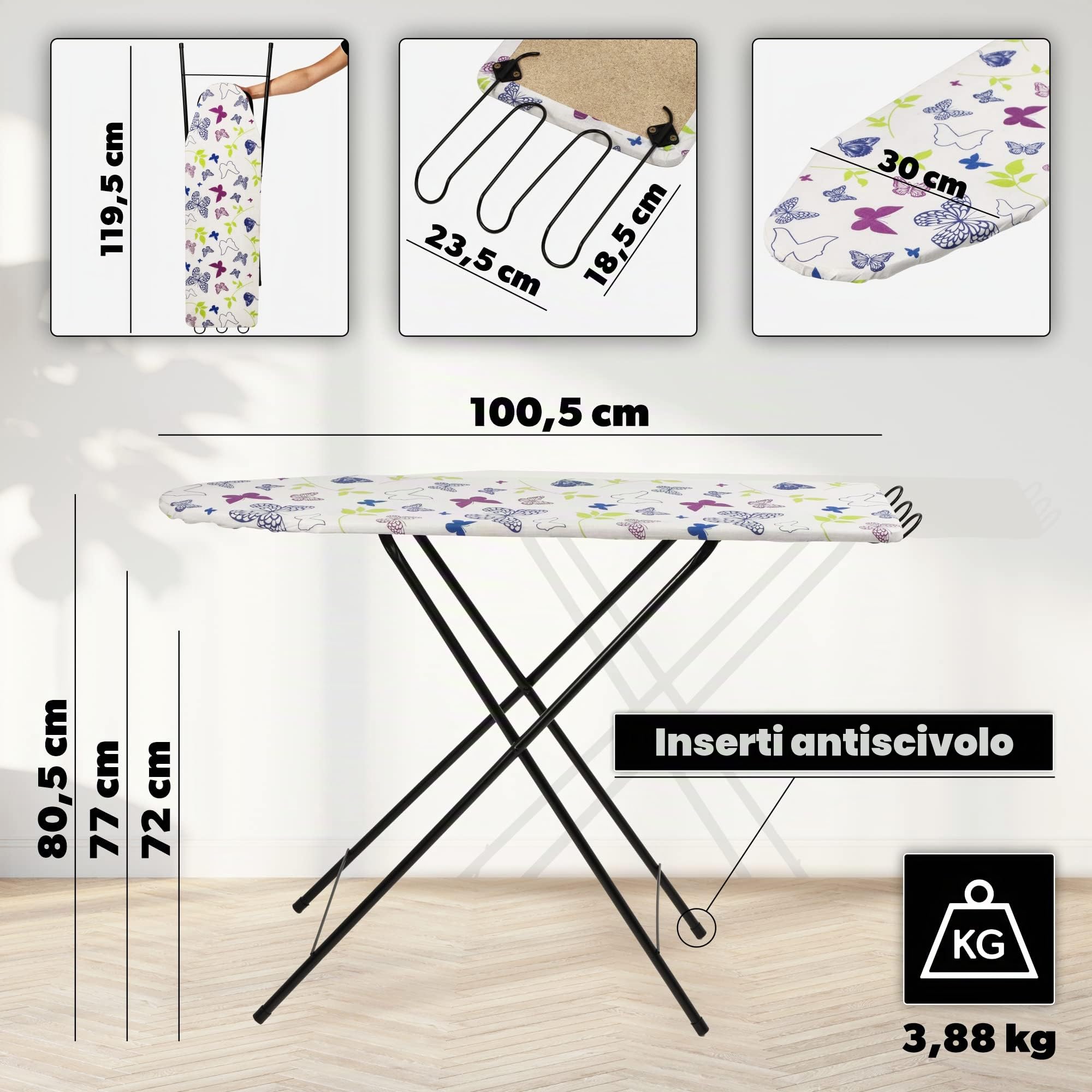 Kadax - Asse da stiro pieghevole per ferro da stiro a vapore, 100,5 x 30 cm, ampia superficie da stiro, regolabile in altezza, poggiaferro estraibile