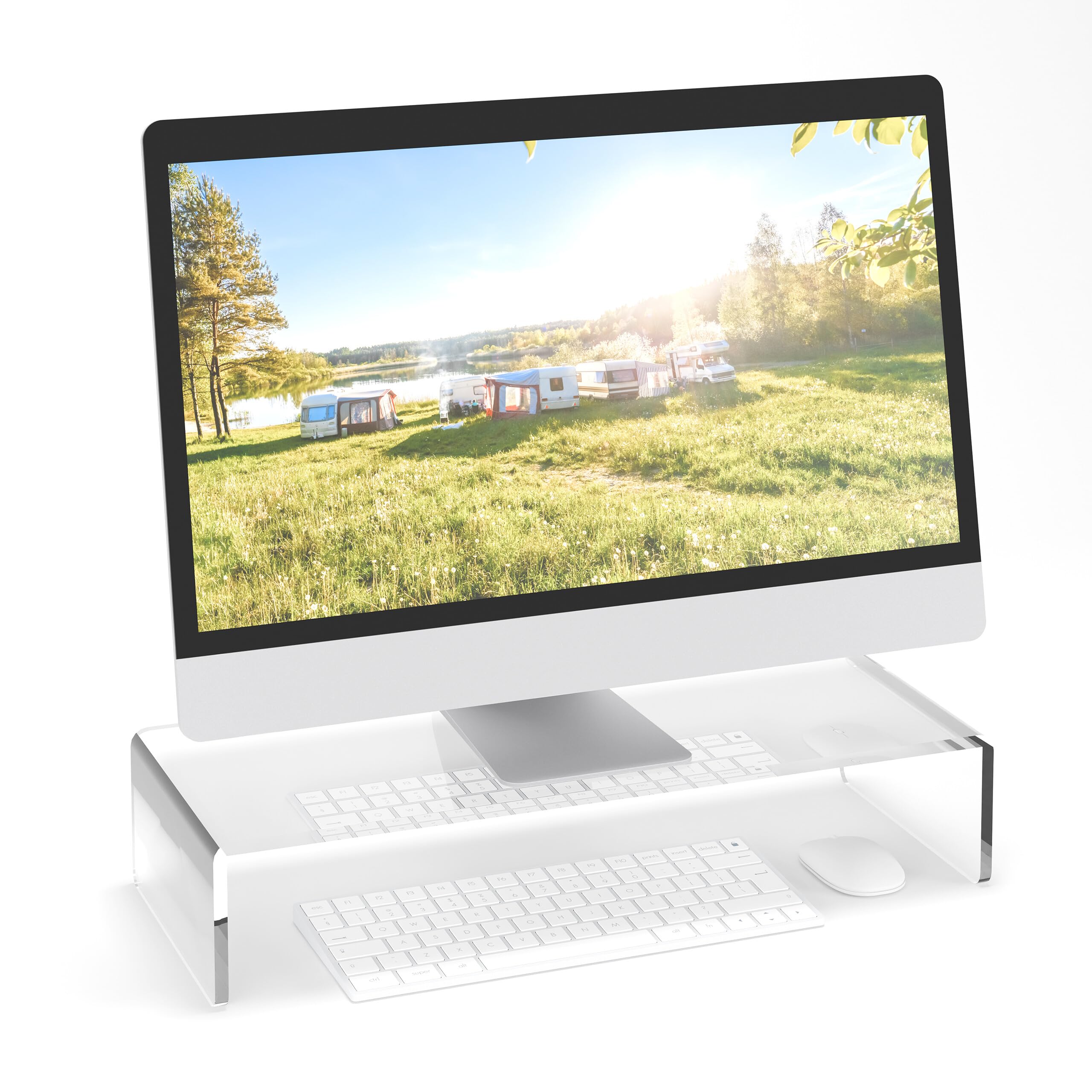 Relaxdays Supporto per Monitor da Scrivania, Ergonomico, HLP: 10 x 50 x 20 cm, Alzatina per Schermo del PC, Trasparente