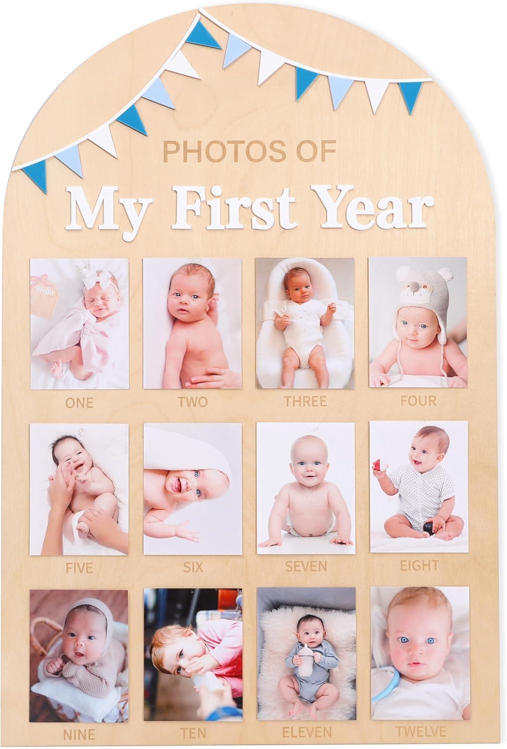Photos of My First Year Wood Board - Newborn 1 to 12 Months Photo Display,1st Birthday Growth Photos Record Sign,Monthly Milestone Photo Board,Rustic Keepsake Nursery Decorations
