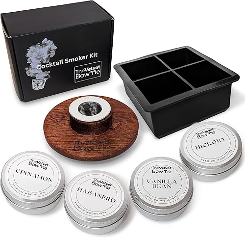 El kit de ahumador de cóctel incluye 4 chips de madera únicos para ahumador (habanero, canela, vainilla y nogal) y bandeja de cubitos de hielo de