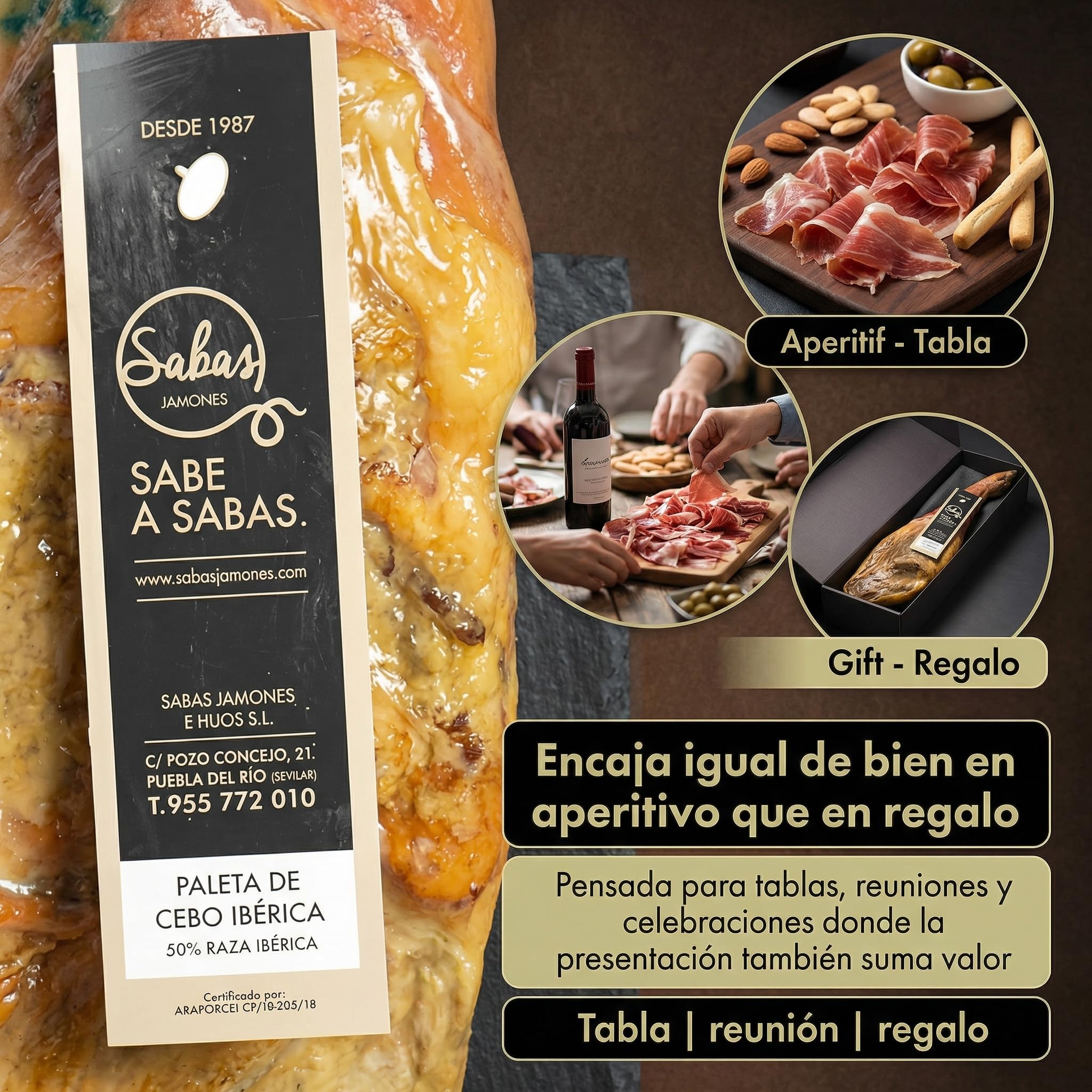 Paleta Iberica de Cebo Pieza Entera 50% Raza 5,5 Kg Curacion 22 Meses | Paletilla curada en secadero natural, sin gluten, ideal jamonero, regalo gourmet navideno y celebraciones
