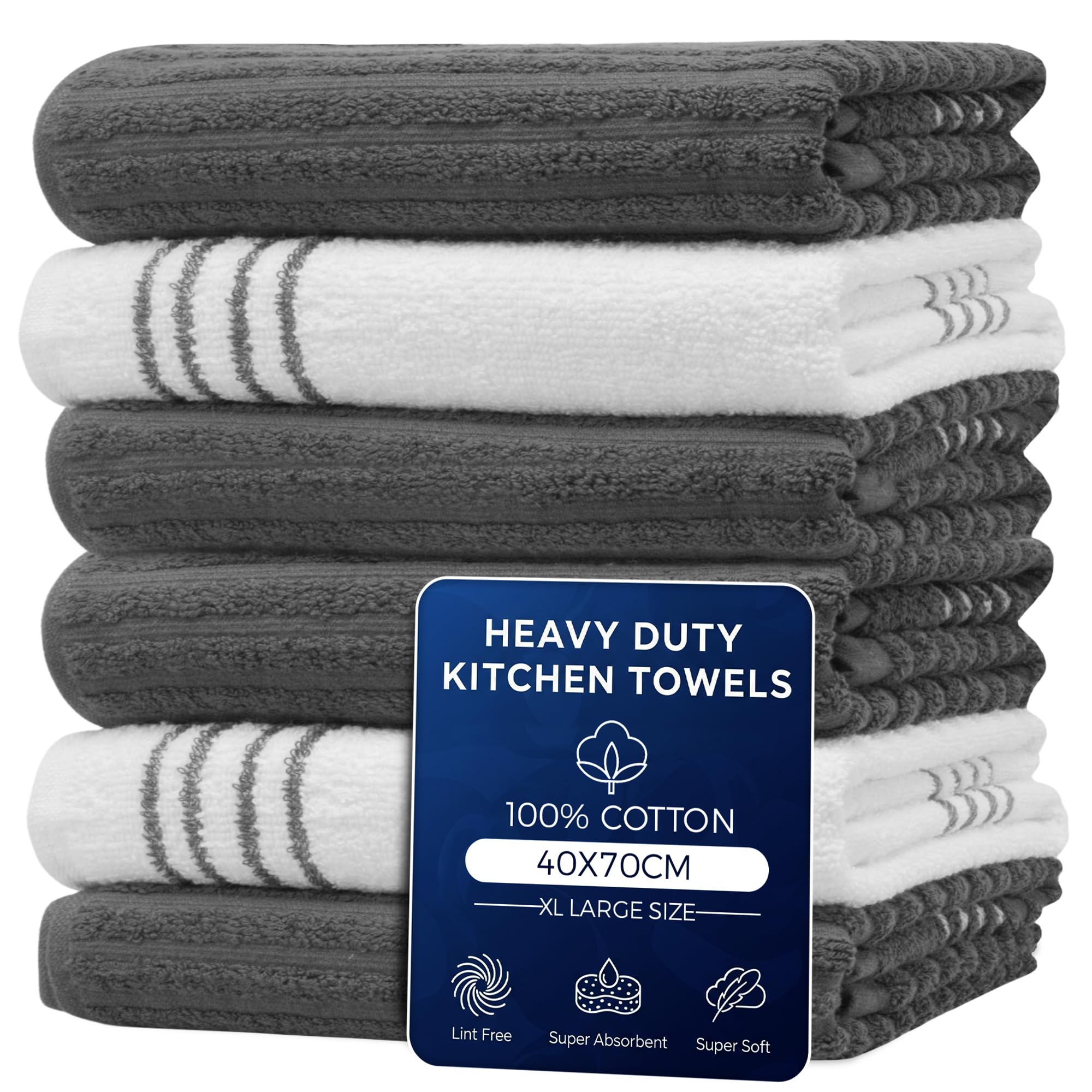 Towelogy Cotton Kitchen Tea Towels Ribbed Terry - Pack of 6, Absorbent, 70 x 40 cm Grey/White Dish Towels