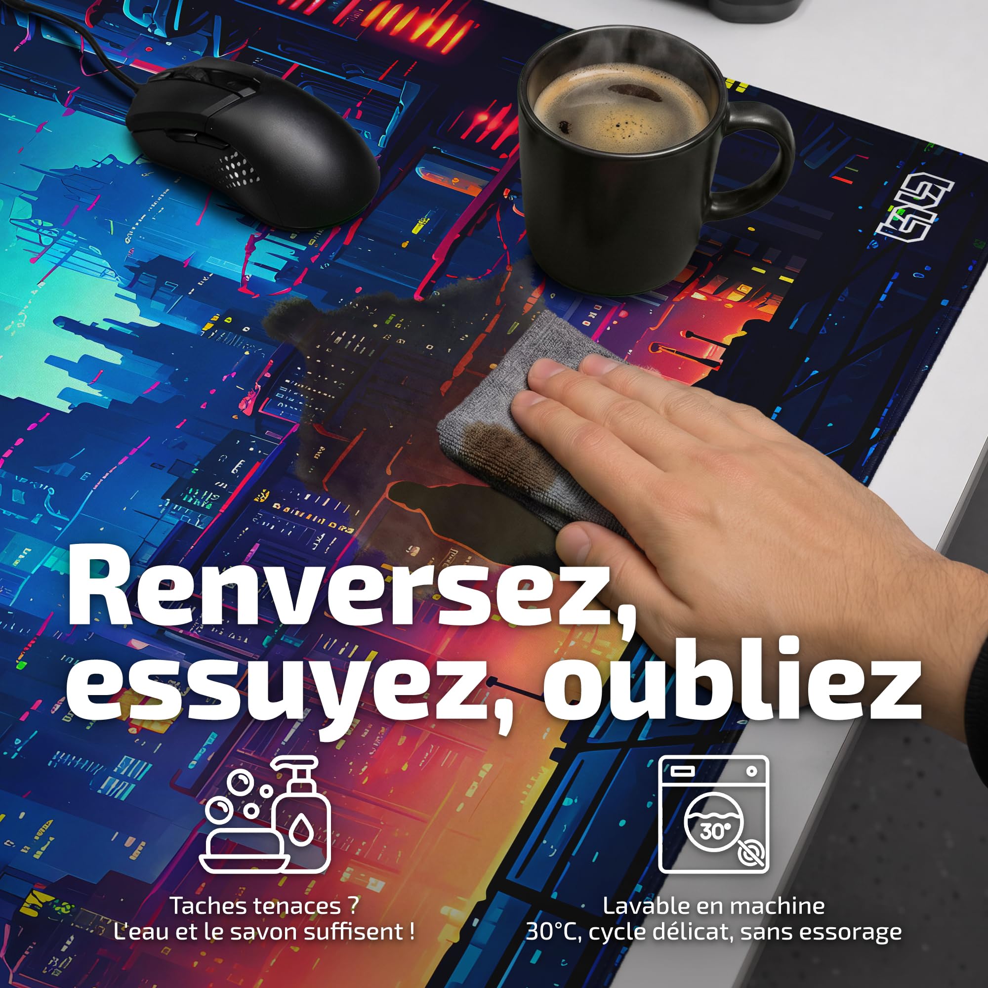 Tilt Grand Tapis de Souris Gamer XXL 90x40 cm | Tapis de Bureau Gaming Anti-Dérapant | Mouse Pad Imperméable pour PC et Accessoires Gaming | Tapis de Clavier (Retro Cyberpunk)