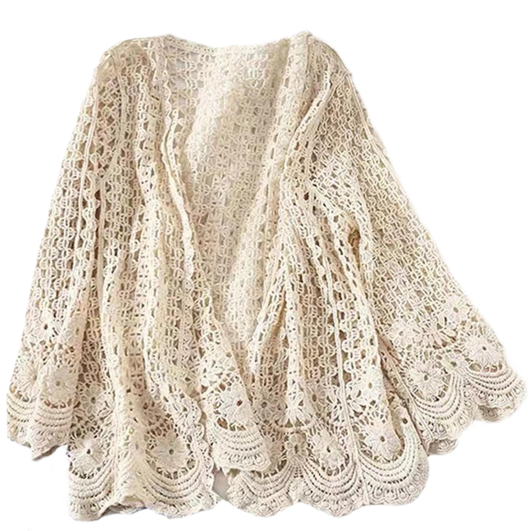 Pastoralist Women's Creamy White Summer Cardigans For Cotton Long Sleeve Hollow Out Crochet Cardigans Boho Floral Spring Breathable Lace Crochet Knit Kimono, Average Size, Summer Cardigan, Long