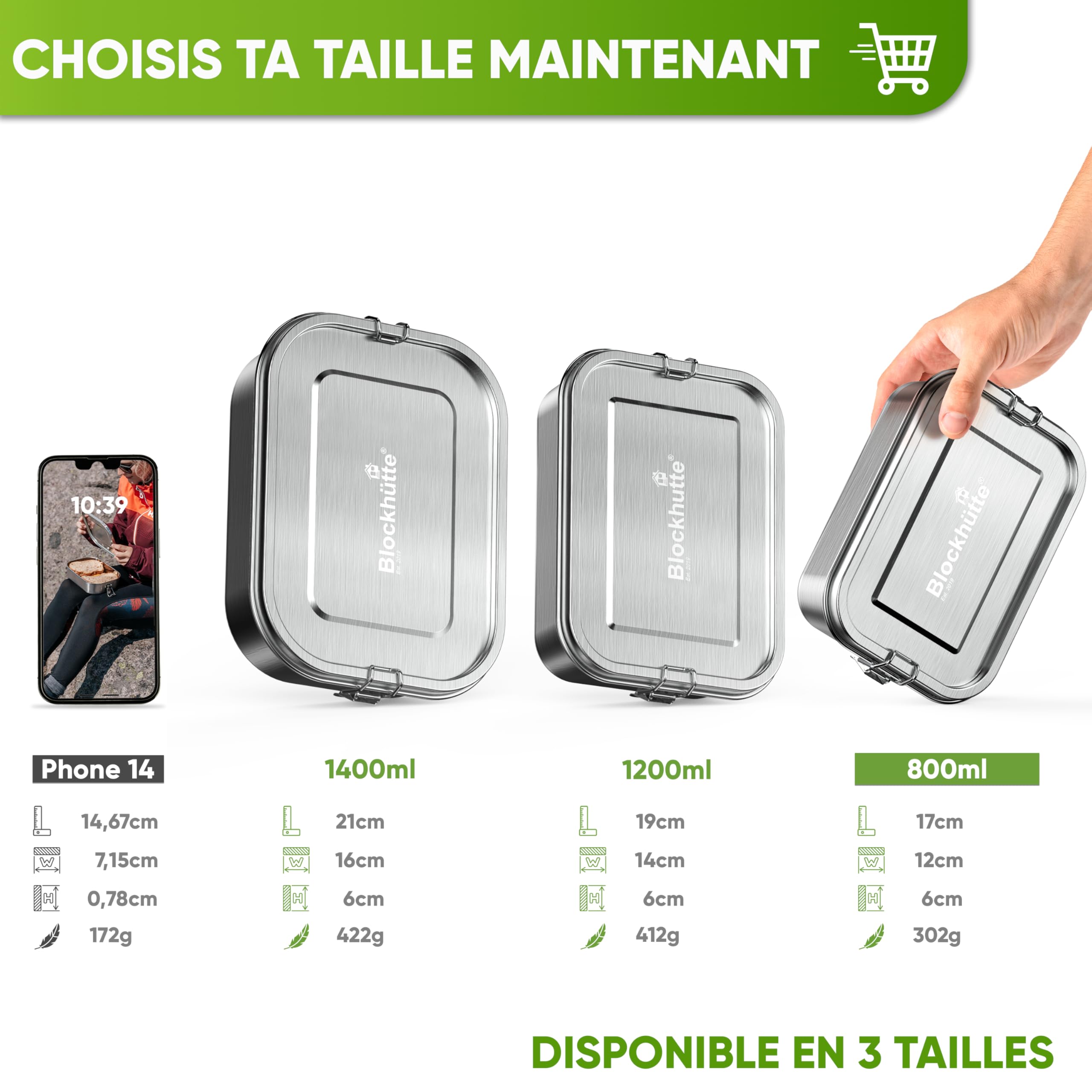 Blockhütte Personnalisé Lunch Box en Inox avec 2 cloisons I 800ml I Bento Box Inox, Boite a Gouter Enfant et Adulte Hermétique I Boite Lunch - Lunchbox pour l'école ou travail