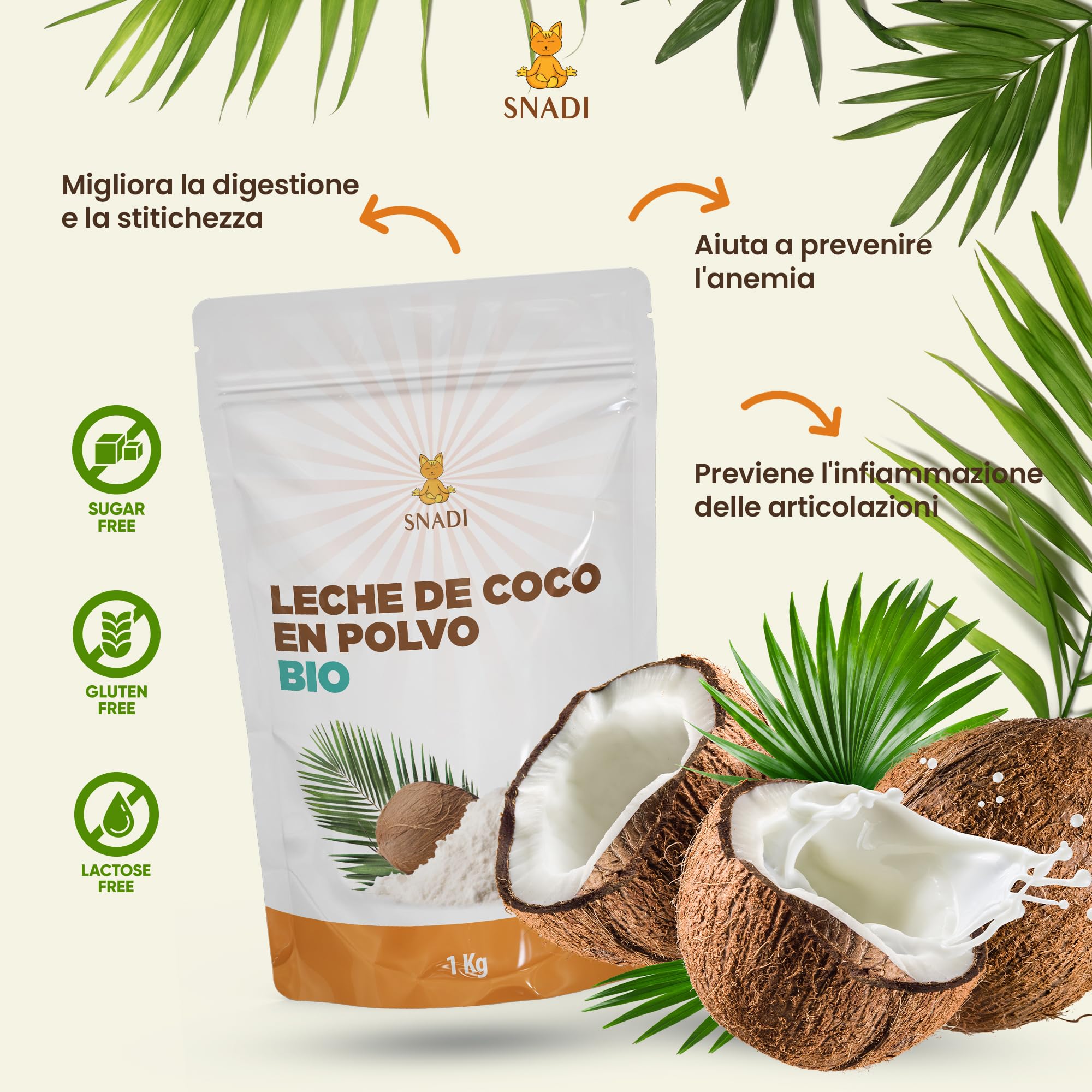 Snadi - Latte di Cocco in Polvere BIO dallo Sri Lanka - 1KG - 100% Naturale e Biologico - Confezionato in Sacchetto di Plastica Riciclabile - Senza Additivi né Conservanti - Ideale per Frullati