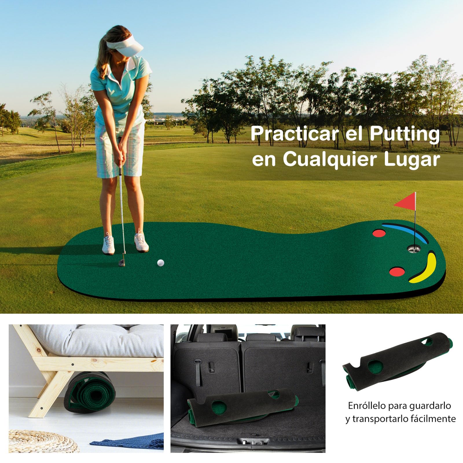 GYMAX Tapete De Golf De 3 Hoyos De 300 x 96 cm con Taza Y Bandera De Ayuda para El Entrenamiento, Tapete De Entrenamiento De Práctica De Golf Portátil para Interiores Y Exteriores