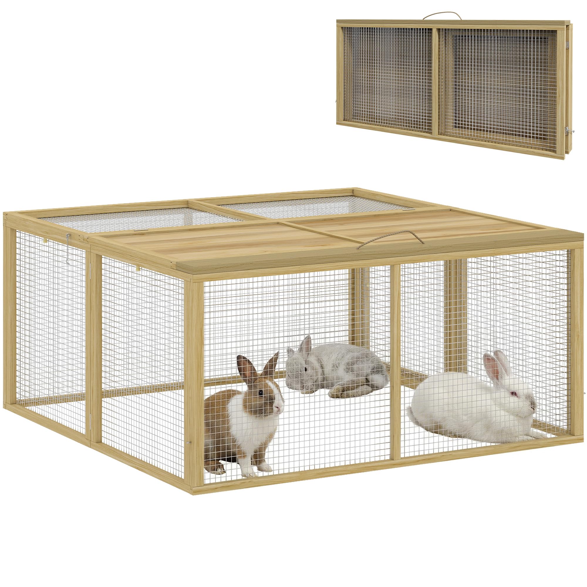 PawHut Rabbit Hutch, Folding Portable Wooden Rabbit Run with Openable Top, for 2-3 Rabbits, Guinea Pig Run for Outdoor, Garden, 120 x 120 x 57 cm - Natural Wood