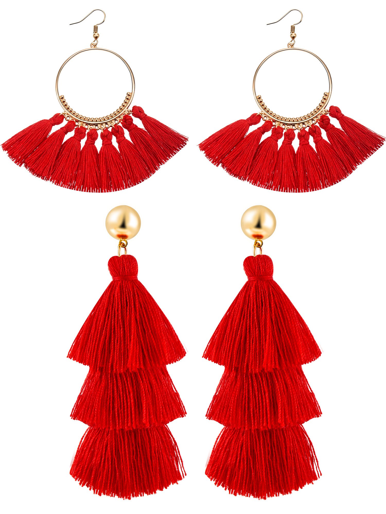 2 Pairs Tassel Earrings for Women Girls Handmade 3 Tiered Tassel Dangle Earrings and Gold Hoop Earrings