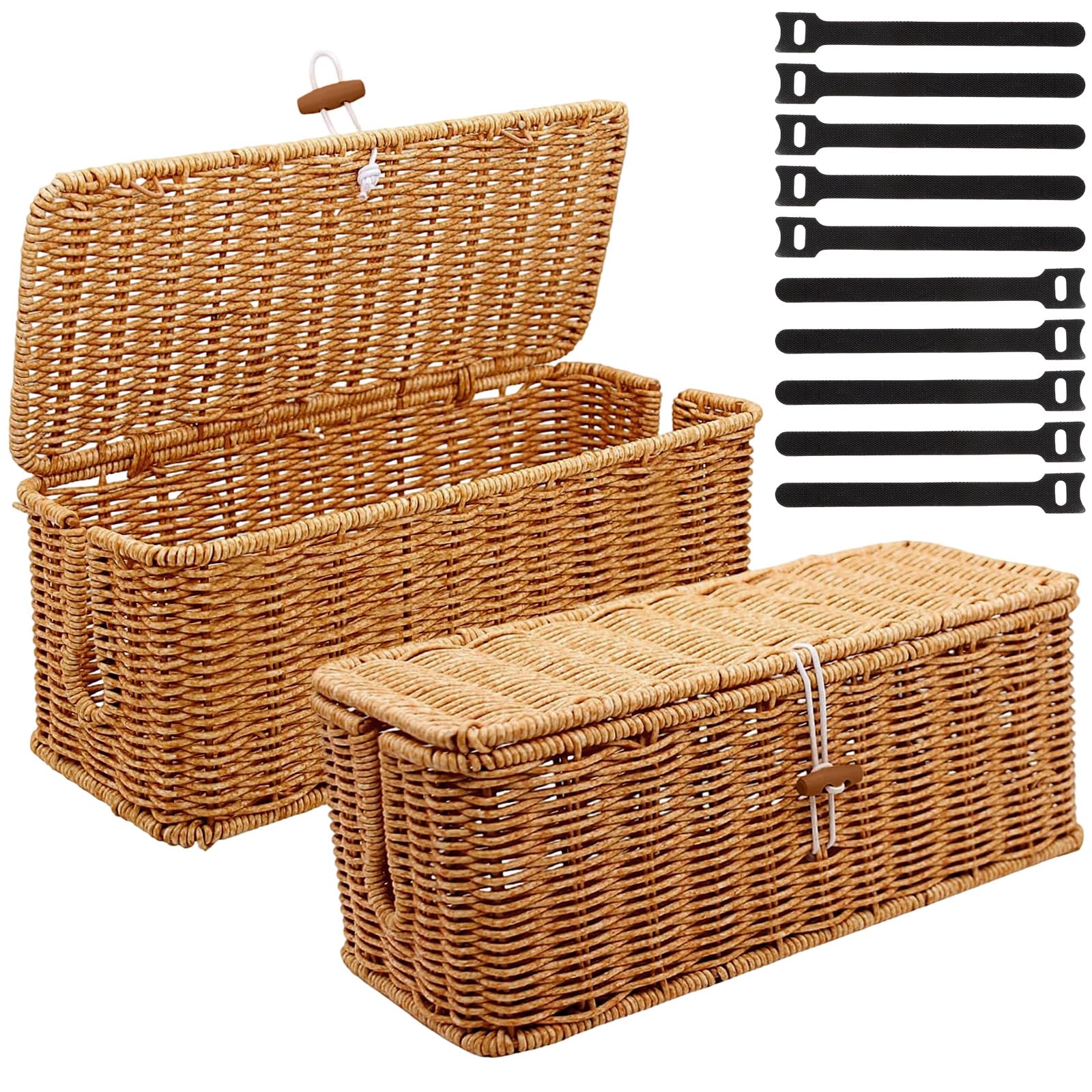 2Pcs Handmade Cable Management Box - Imitation Rattan Cable Tidy Box with Lid Wooden Double Open Slot Cable Storage Box Dustproof Management Socket for Computer Router USB Hub & Power Strip
