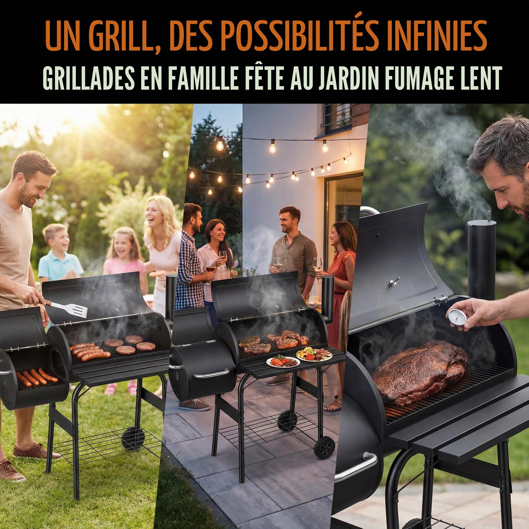 Barbecue à charbon de bois avec 2 chambres, chariot de barbecue avec thermomètre, barbecue fumoir pour griller indirectement et fumer, barbecue de jardin mobile avec étagères, noir