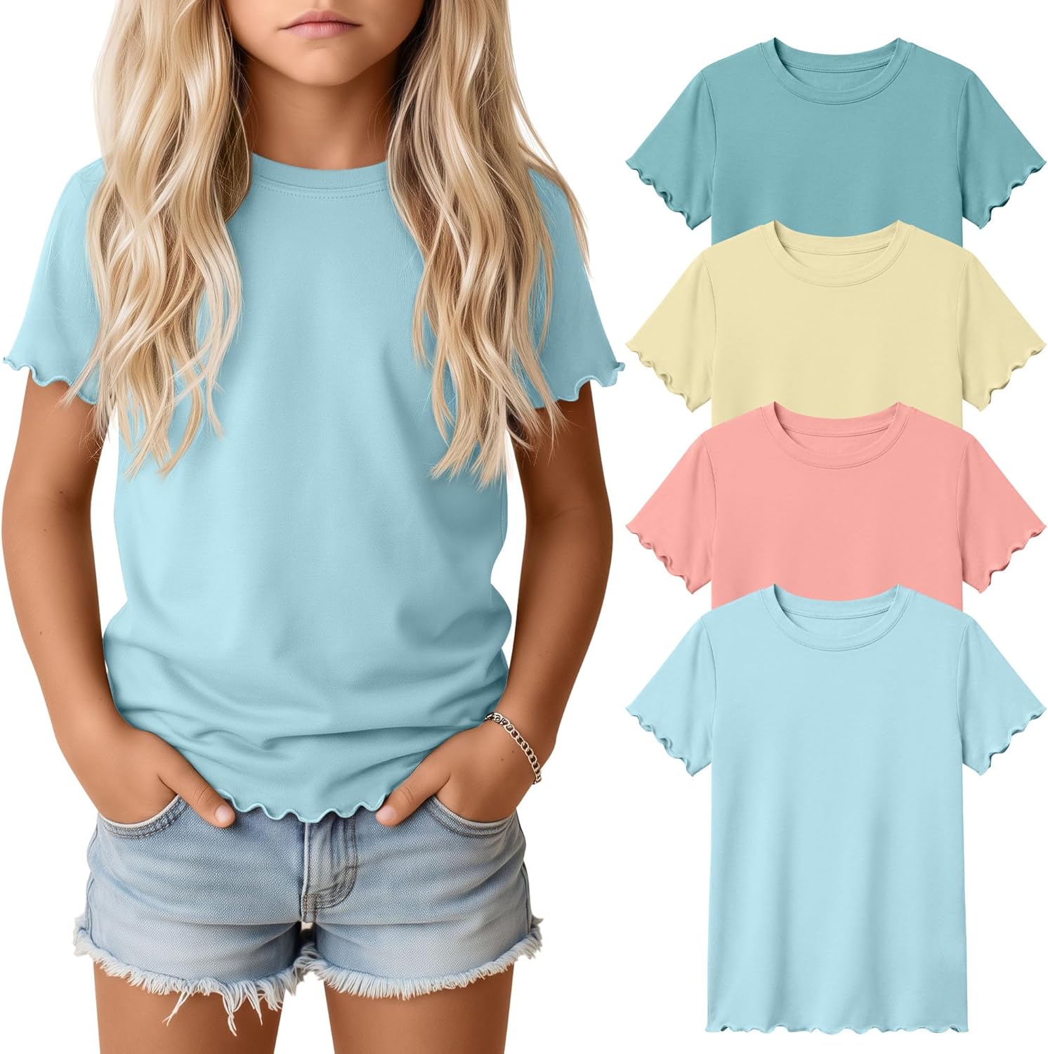 Oakgarden 4 Pack Girls Short Sleeve T-Shirts Kids Summer Tops Crewneck Lettuce Trim Teens Comfy Slim Fitted Tees 5-16 Years