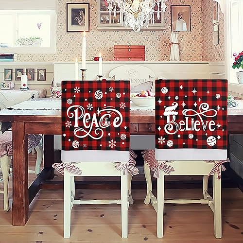 Miniatura 7 de CCINEE 2 fundas para respaldo de silla de Navidad, fundas de silla de búfalo rojo y negro con copo de nieve para silla de Navidad, cubierta trasera