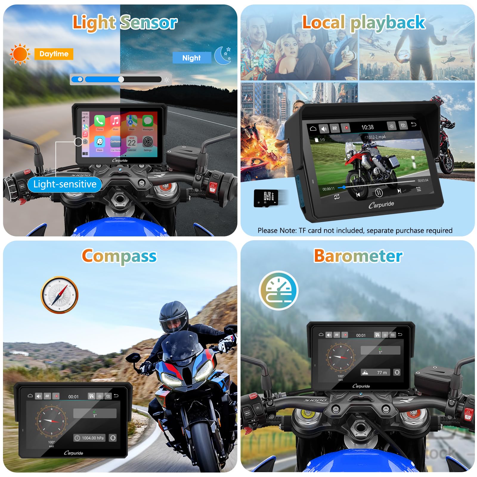 Carpuride W502BS Pro for BMW Motorrad CarPlay Android Auto Native Wonder | 5" Impermeable Pantalla para moto con Bluetooth Dual, TPMS, Lectura de Datos, Sensor de luz y Conexión Inalámbrica, GPS