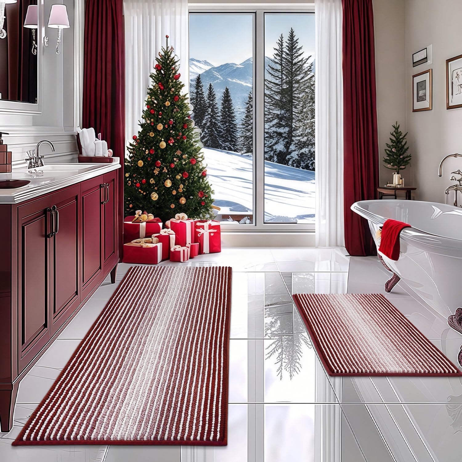 Bathroom Rugs and Mats Sets, 2 Piece Thick Absorbent Chenille Bath Mat Rug Set Non Slip, Soft Shaggy Bath Room Floor Mats for Bathroom, Machine Washable (Burgundy Red, 20" x 60" Plus 20" x 32") 20" x 60" Plus 20" x 32" Burgundy Red