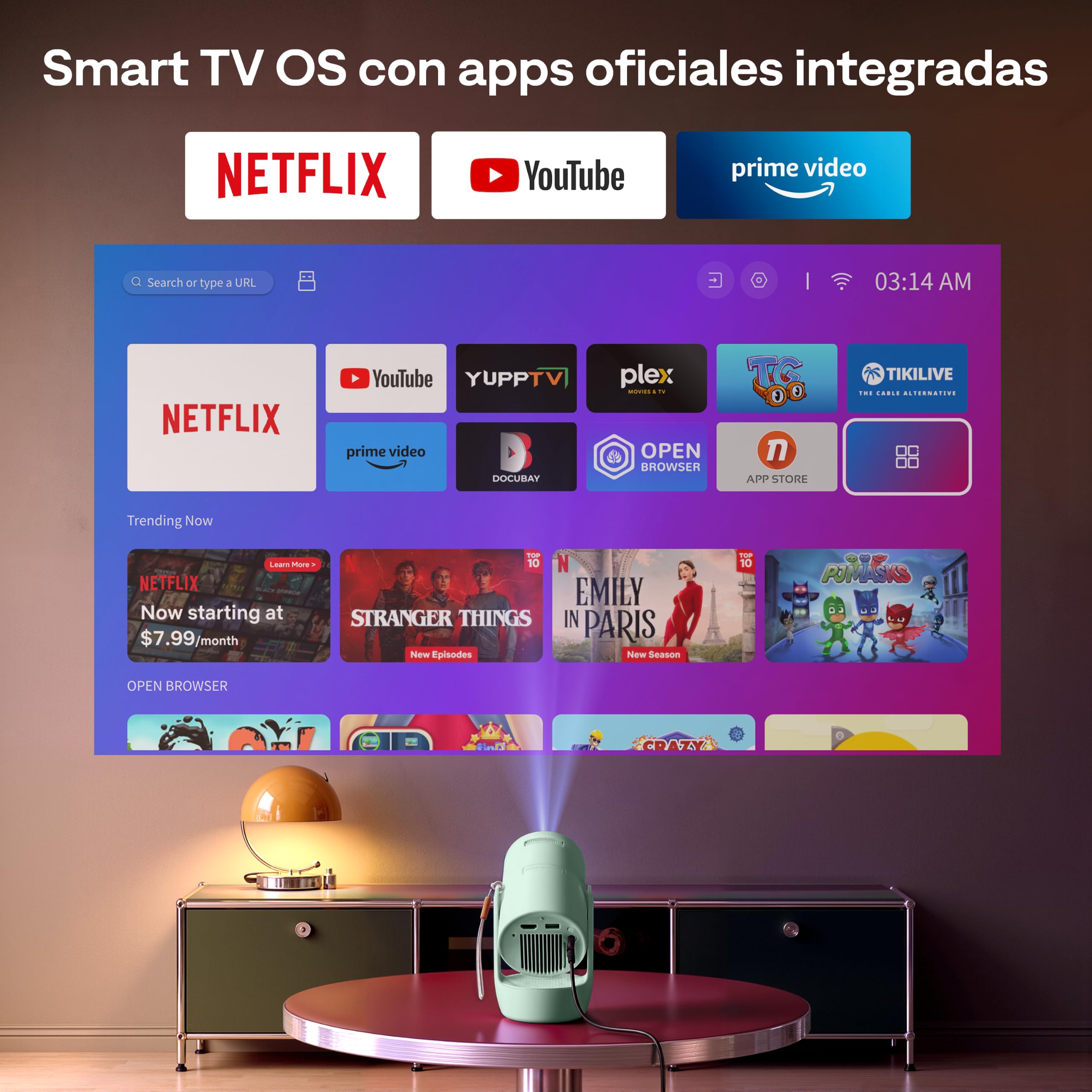 Aurzen E1 Mini Videoproyector Portátil 1080P Compatible con Netflix | Proyector de vídeo 720P HD nativo HDR10 con rotación de 180° y asa de transporte de cuerda, para cine en casa y exteriores