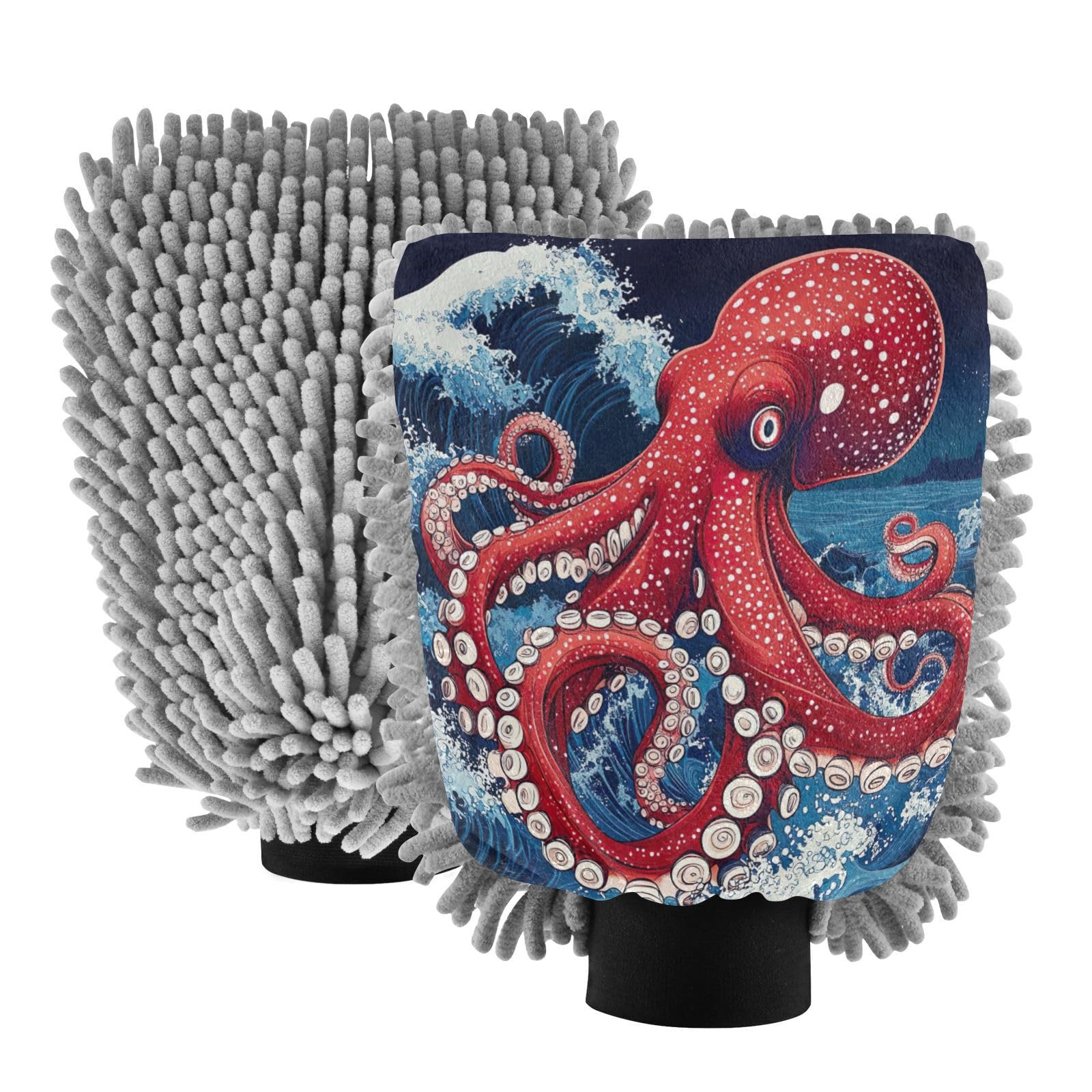 STAYTOP Octopus on The Waves Car Wash Mitt Microfiber, 2Pcs Scratch Free Lint-Free, Premium Chenille Microfiber Mitt Car Wash Brush-L