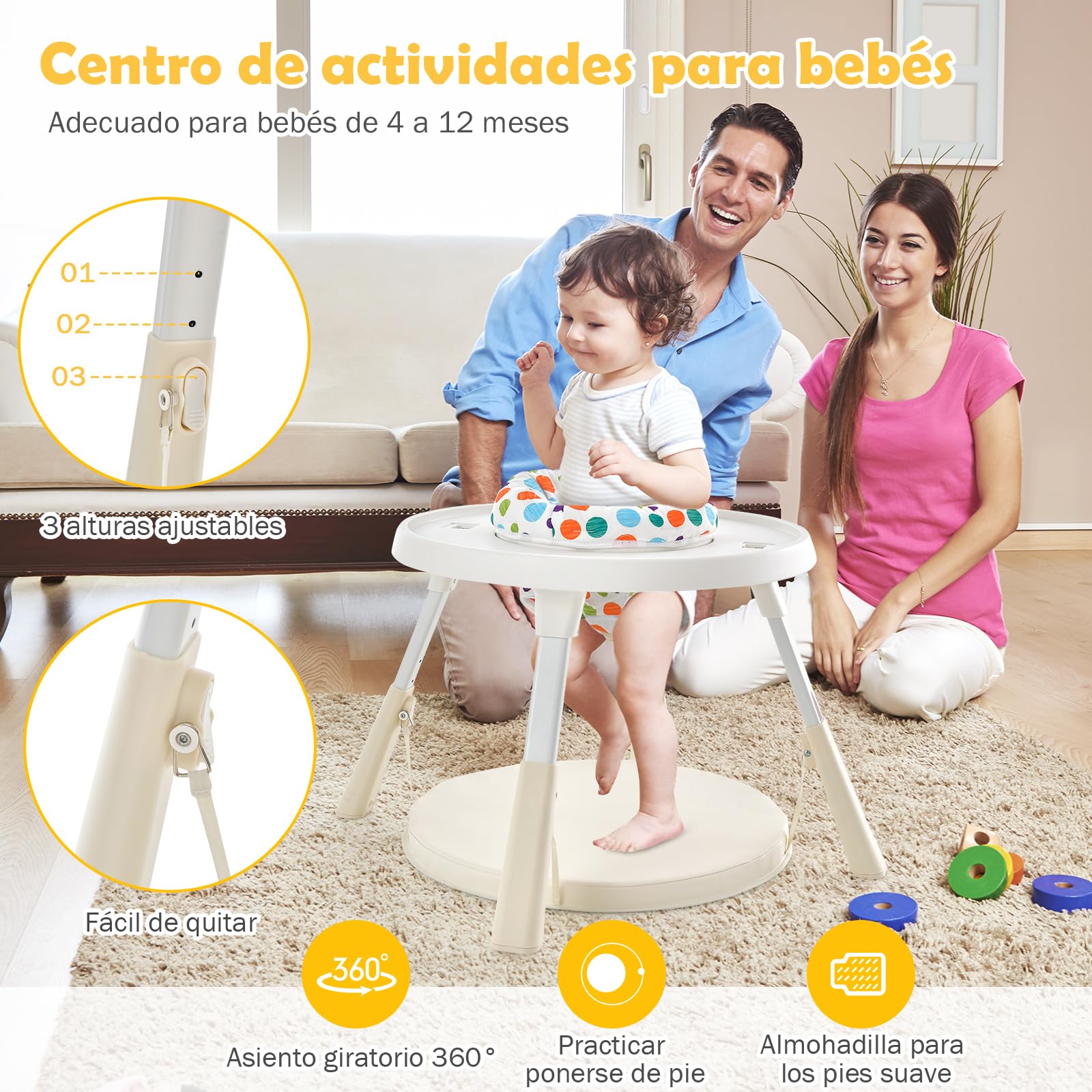 COSTWAY Trona para Bebe 6 en 1, Trona con Altura Regulable con Bandeja de 2 Niveles y Cesta, Centro Actividad para Niños Set Mesa y Silla con Bloques para Niños y Bebés de 4 a 72 Meses (Beige)