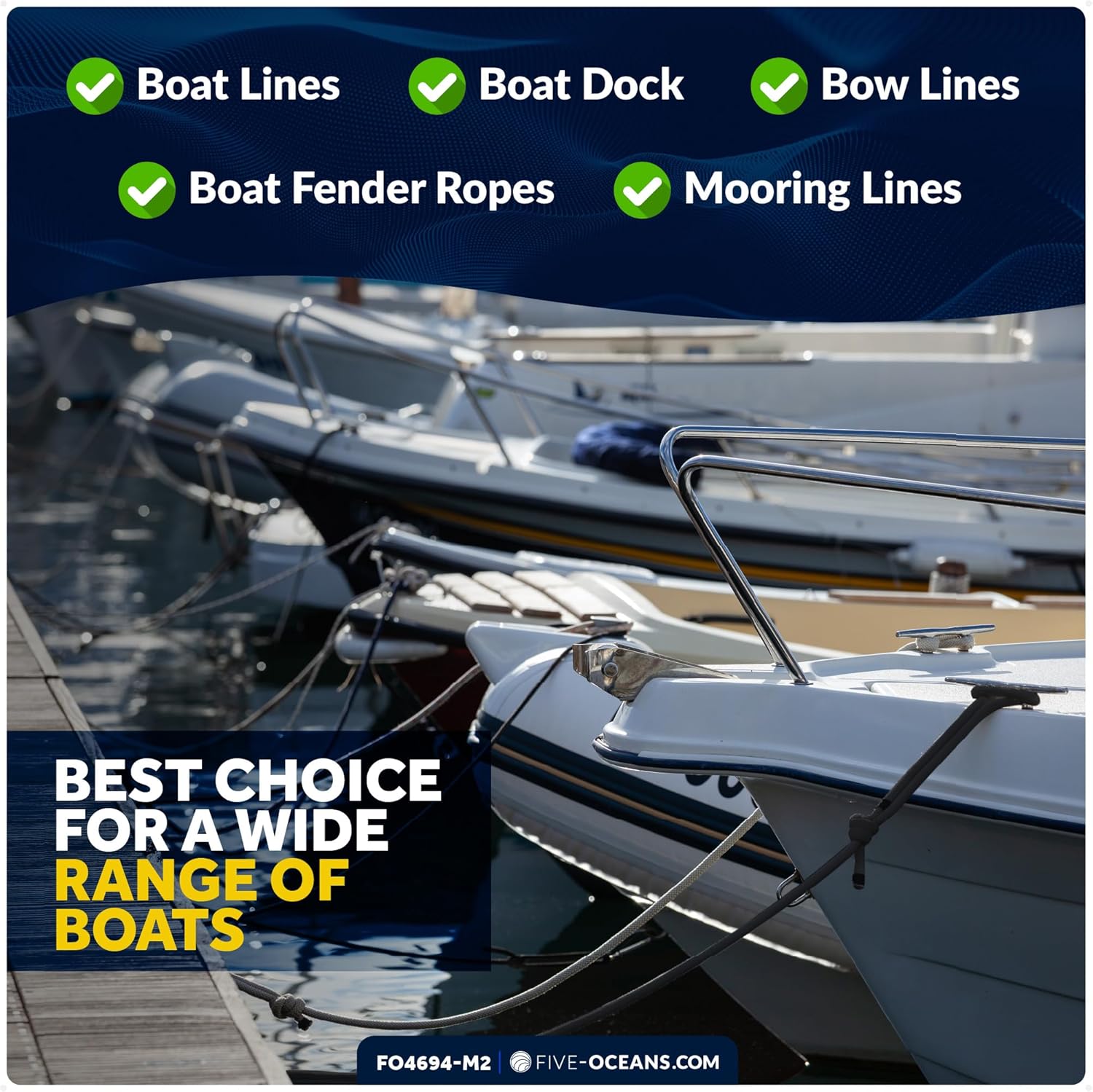 Five Oceans 3/8" x 15' Boat Dock Lines – 8-Pack Black Double Braided Nylon Rope with 12" Spliced Eyelet, Anchor Rope, Bow Lines, Mooring Lines for Boats up to 30' - FO4694-M2