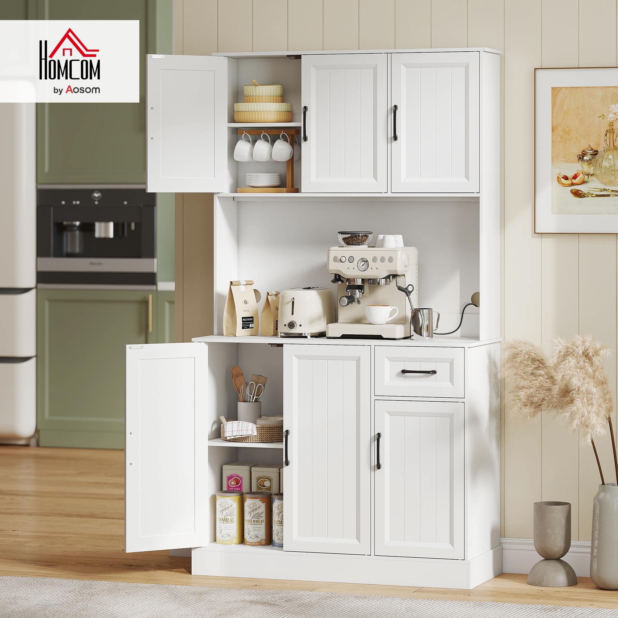 HOMCOM Küchenschrank mit Arbeitsplatte 6 Türen 100 x 39,5 x 180,5 cm Weiß | Buffetschrank, Verstellbaren Regalen, Schublade, Hochschrank Vorratsschrank mit Kabelloch, für Küche Wohnzimmer Esszimmer