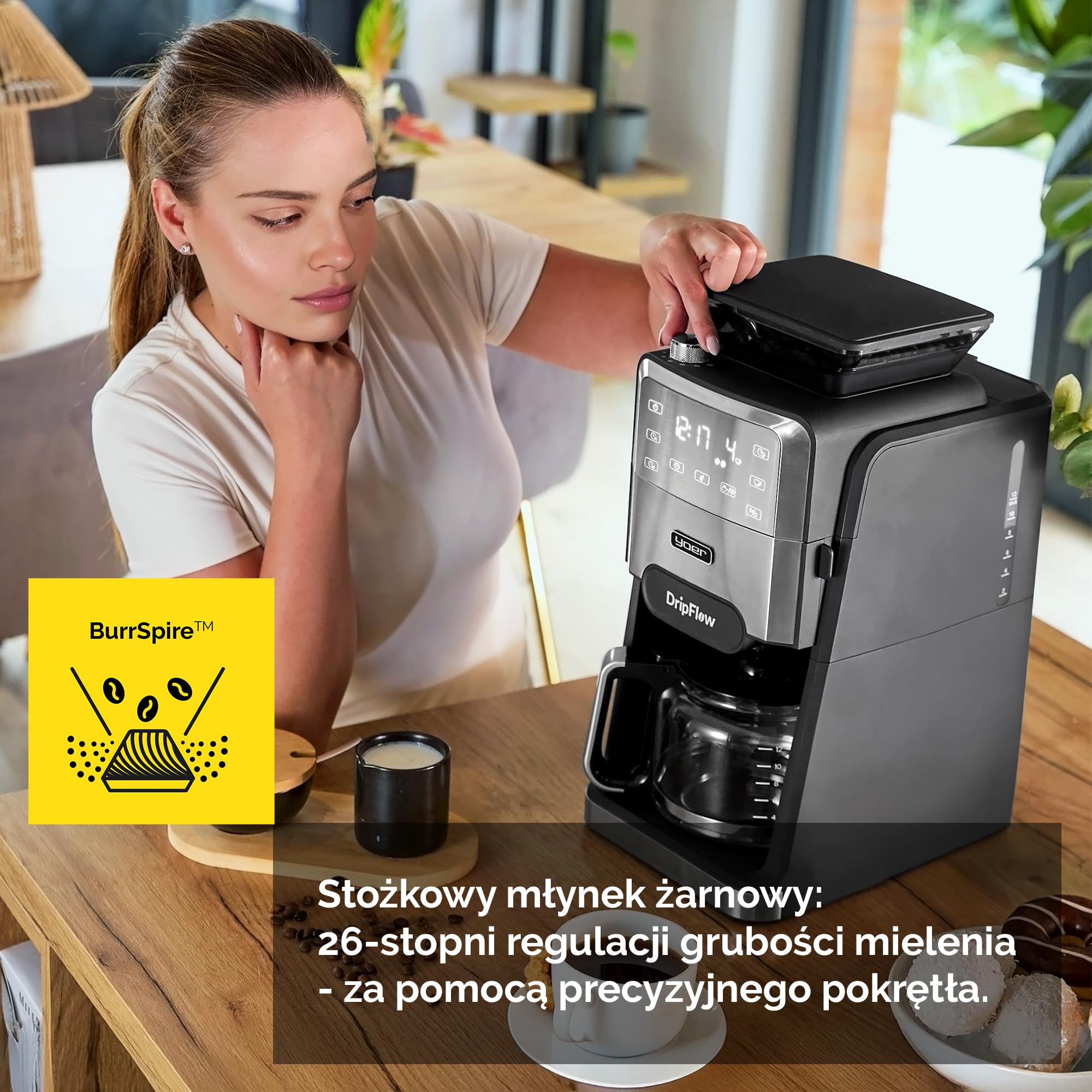 Yoer Ekspres przelewowy do kawy z wbudowanym młynkiem żarnowym, 12 kaw, 1520W, 1,5L Szklany dzbanek, 24h timer, Filtr wielokrotnego użytku, Podtrzymywanie ciepła, Stal INOX, CMG03BK DripFlow, czarny