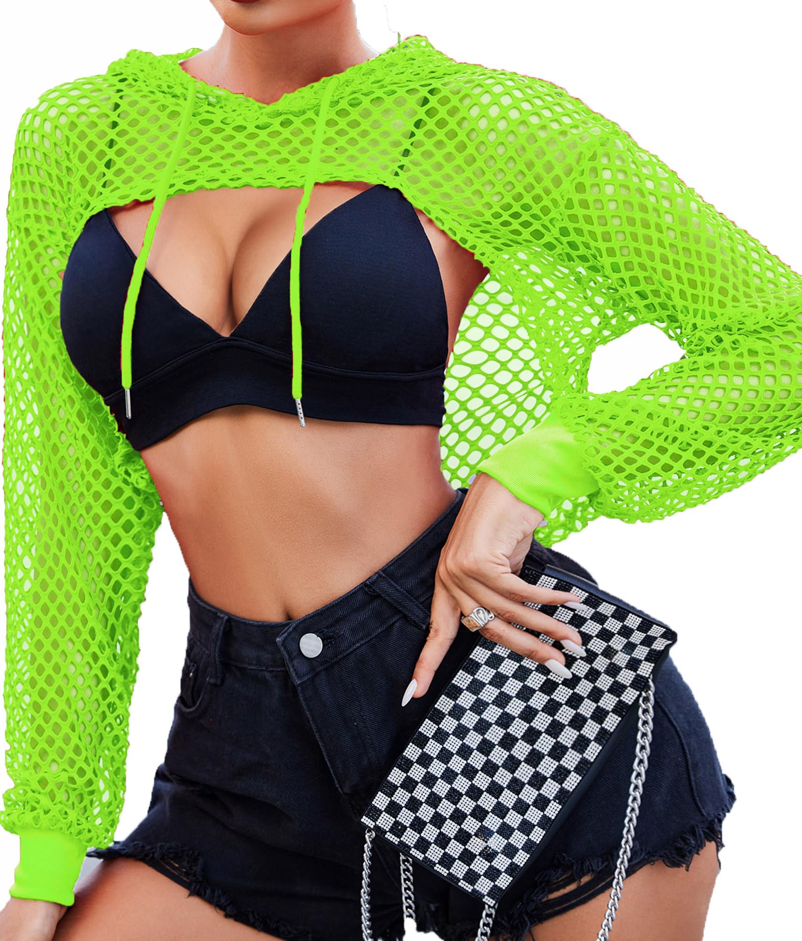 Avidlove Mesh Crop Top Hoodie Rave Tops For Women Long Sleeve Fishnet Shirt for Festival Club Party