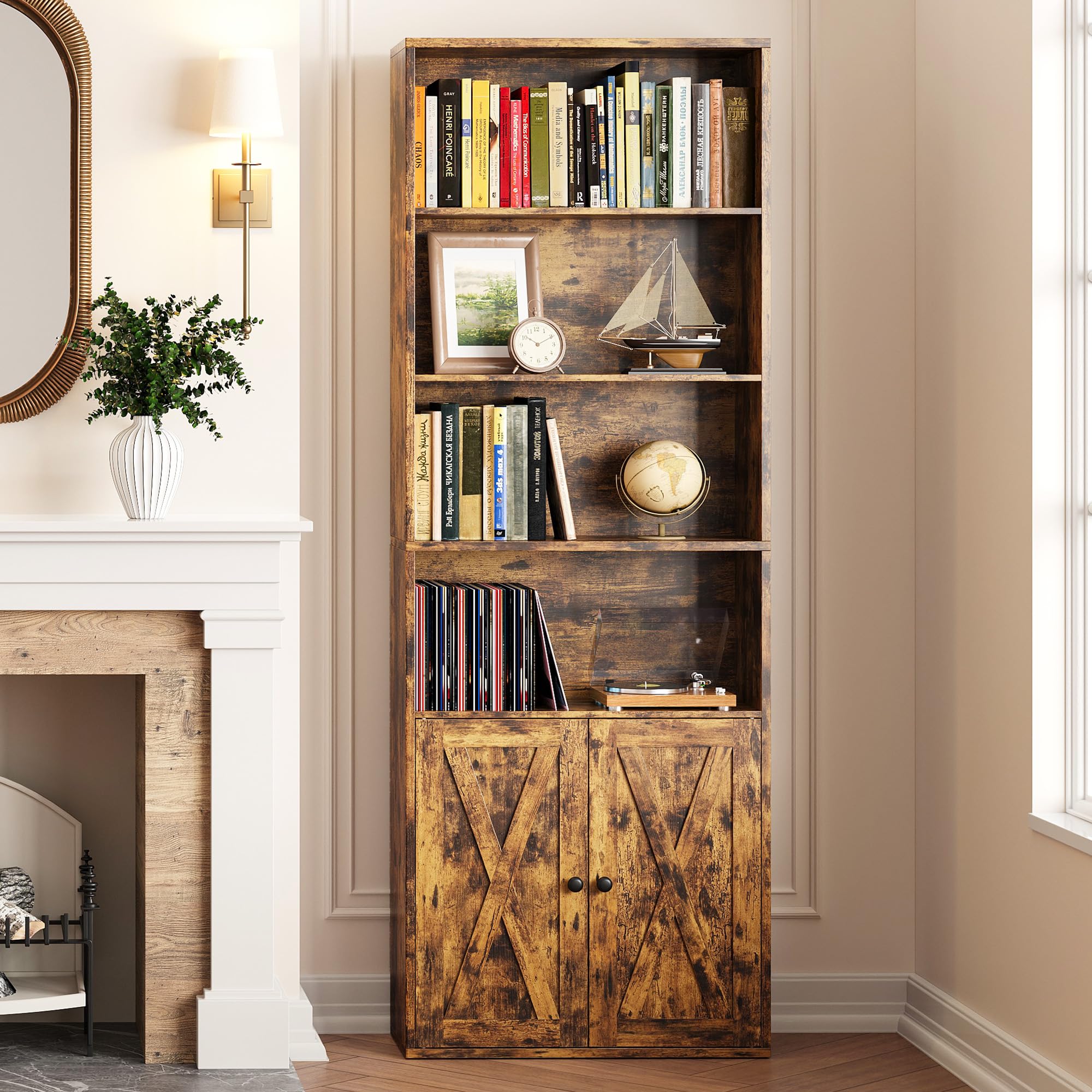 IRONCK Bücherregal Braun, Standregal mit Türen, Holz Regal mit 6 Ebenen, Offenes Aufbewahrungsregal für Wohnzimmer, Homeoffice, Esszimmer, Schlafzimmer, 24 x 60 x 180 cm