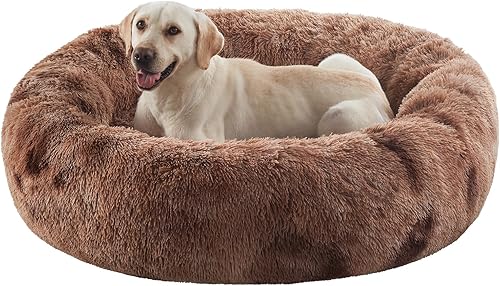 Miniatura 12 de Cama redonda con forma de dona de 36 pulgadas para perros grandes, cama redonda calmante y esponjosa para mascotas con funda extraíble y lavable, se
