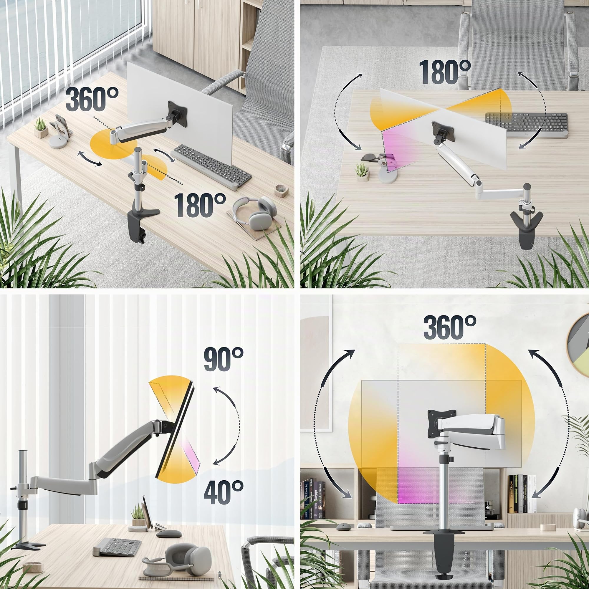 RICOO TS3011 Support Écran PC TV 13 17 19 22 24 27 28 32 34 Pouces VESA 75x75 100x100 Ressort à gaz Orientable Inclinable Rotatif Universel Fixation Bureau Pince de Table