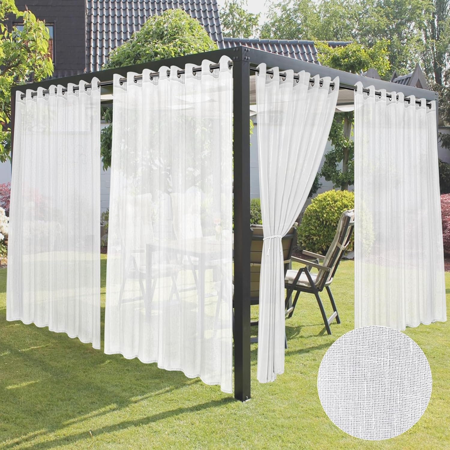 HolidayIdeas 4 Panels White Outdoor Sheer Curtains for Patio Waterproof-Linen Semi Sheer Wide Grommet Indoor/Outside Voile Curtains for Living Room, Bedroom, Porch, Pergola, Cabana 110x84 Inch