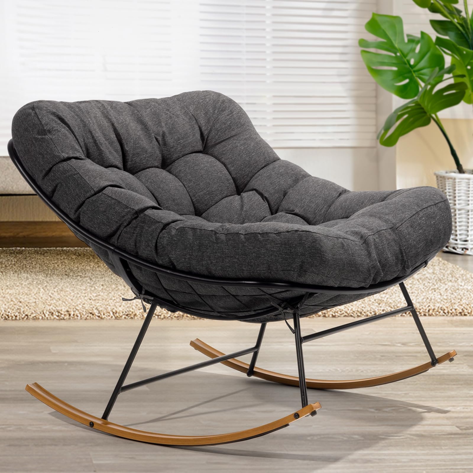Bme Patio Rocking Chair Outdoor & Indoor, Metal Patio Lounge Rocking Chair with Thick Cushion, Comfy Modern Rocker Chair for Living Room, Porch, Backyard, Grey Cushion - Wood Texture Rocker