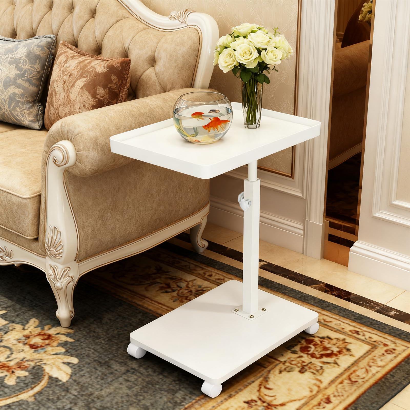 XUDREZ Adjustable Side Table, C Shaped Small Table with 4 Wheels 364ยฐ Swivel Tray, End Table for Living Room Bedroom Sofa Small Spaces (White