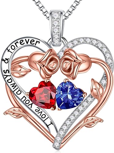 Iefil Rose Heart Double Birthstone Necklace Gifts for Wife Girlfriend Her Women, Birthstone Jewelry Gemstone Birthday Gifts for Mom Grandma Her Wife