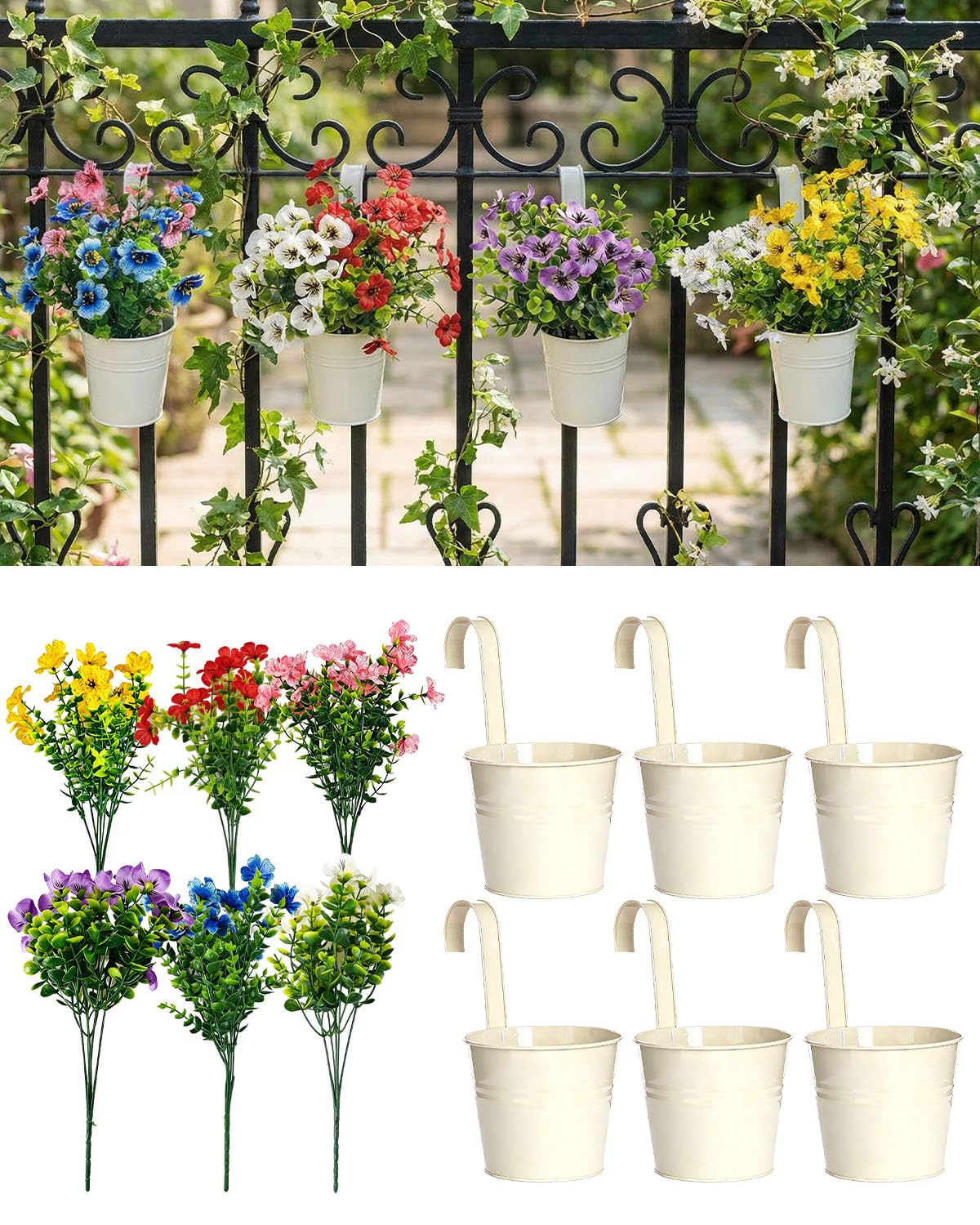 Evolpor 6 x Fake Flowers with Flower Pots Sets, 10cm Metal Iron Hanging Flower Pots, Small Balcony Hanging Planters with Drainage Holes and Detachable Handles for Indoor Outdoor Home Garden Decor