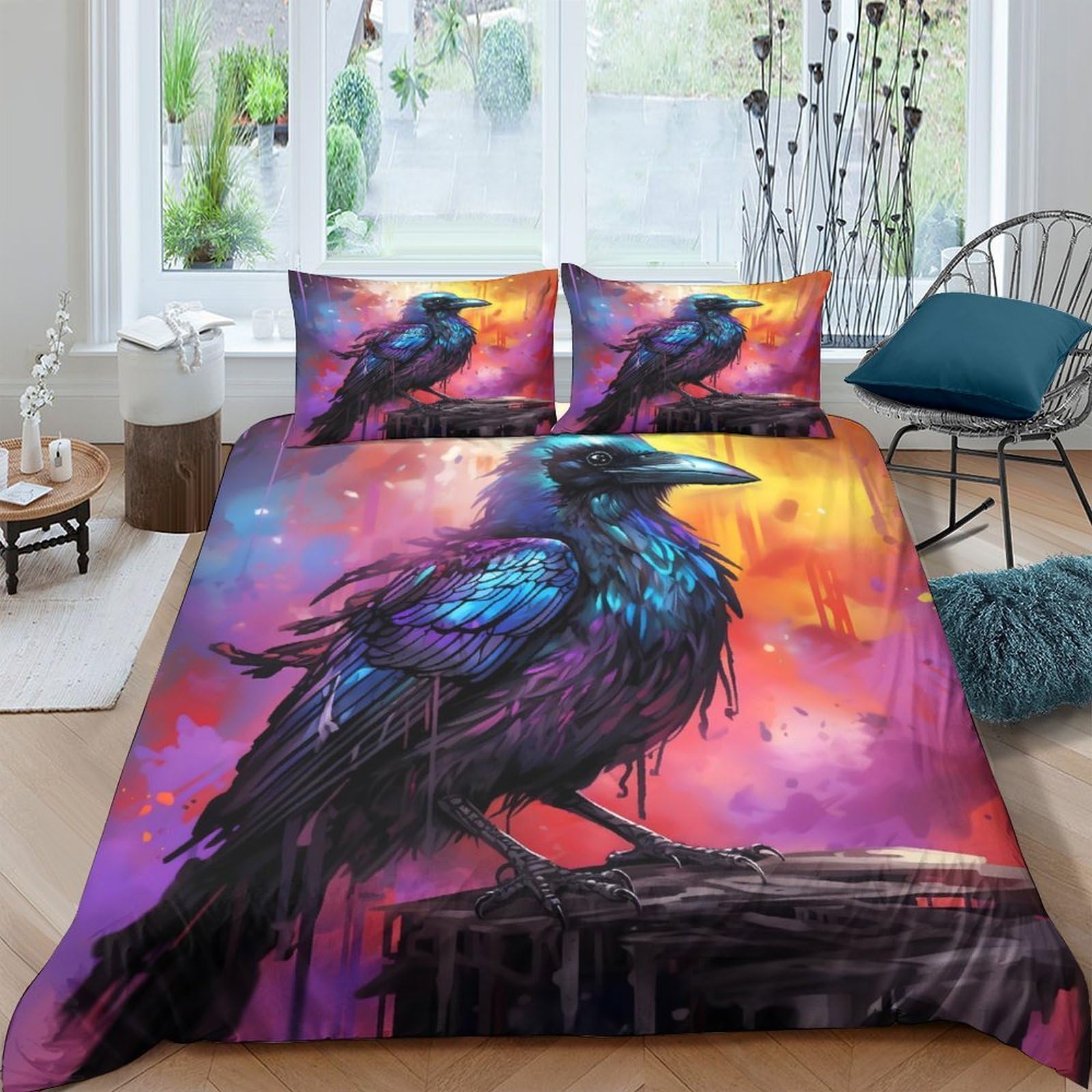 Ctjqhvkz Style-3 3D Printed Colorful Raven Fitted Sheet Microfiber Soft Breathable Sunset Forest Mattress Cover For Bedroom Dorm Decor Single（135X200cm）