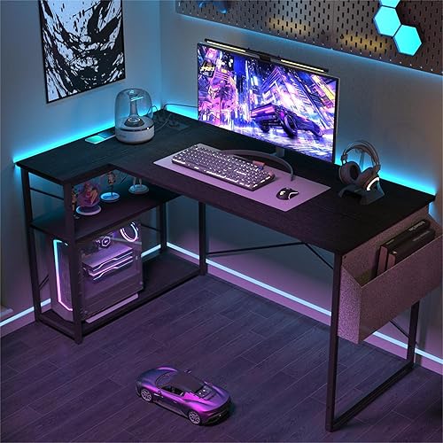 Miniatura 2 de TIQLAB Escritorio pequeño para computadora con tomas de corriente, escritorio en forma de L de 40 pulgadas con estantes reversibles, escritorio de