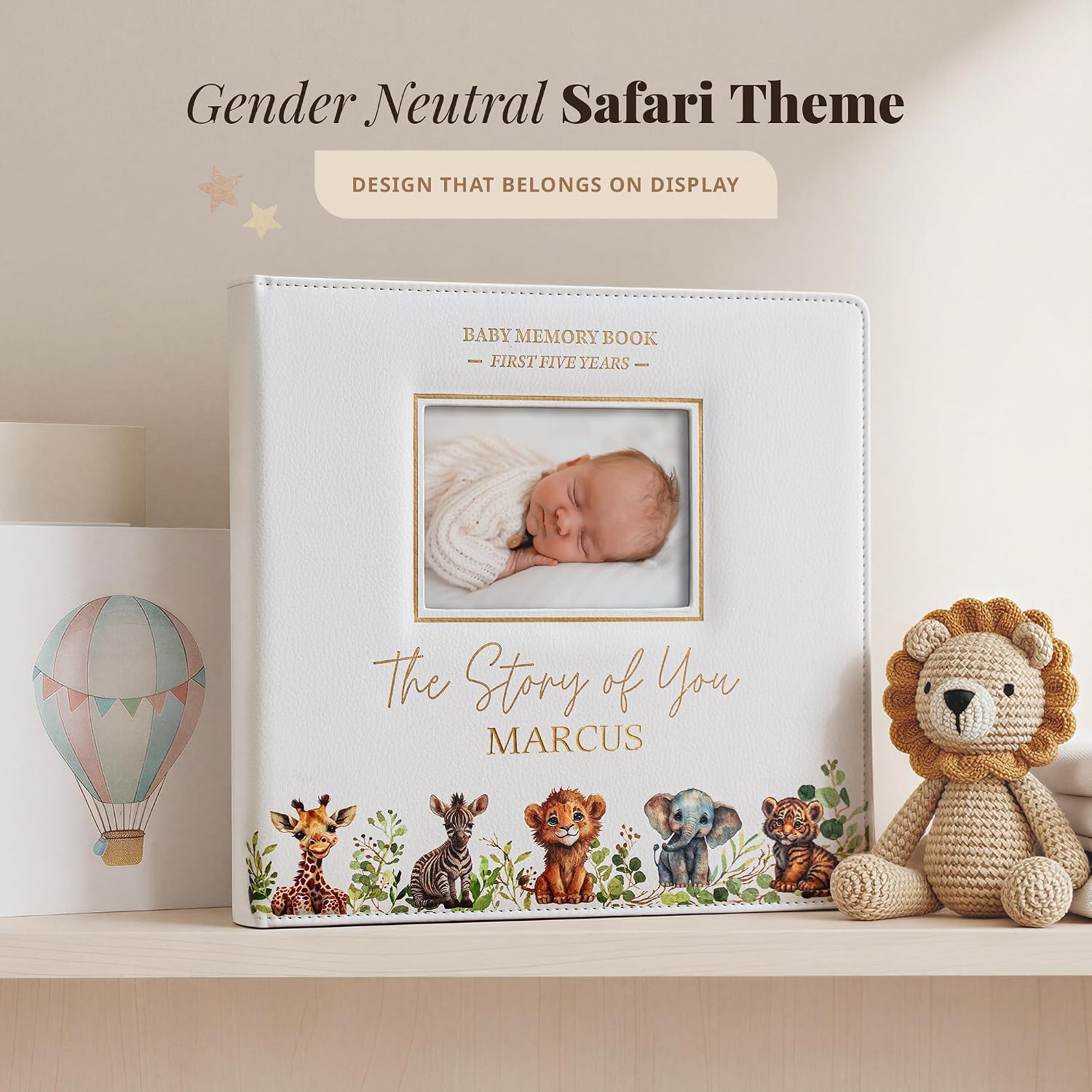 Personalized Faux Leather Baby Memory Book Keepsake for Boy or Girl - Enter any Name w/Gold Foil Stamp for Special Touch I First 5 Year I Gender Neutral, Safari Theme - Baby First Year Book inc Pen image 5