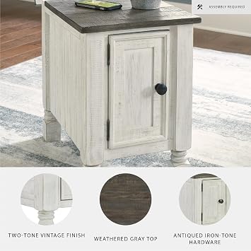 Signature Design by Ashley Havalance Casual Chair Side End Table, Dual USB Charging Port, Fixed Shelf, Pine Wood, 16 W x 24.25 D x 22.88 H, White & Gray
