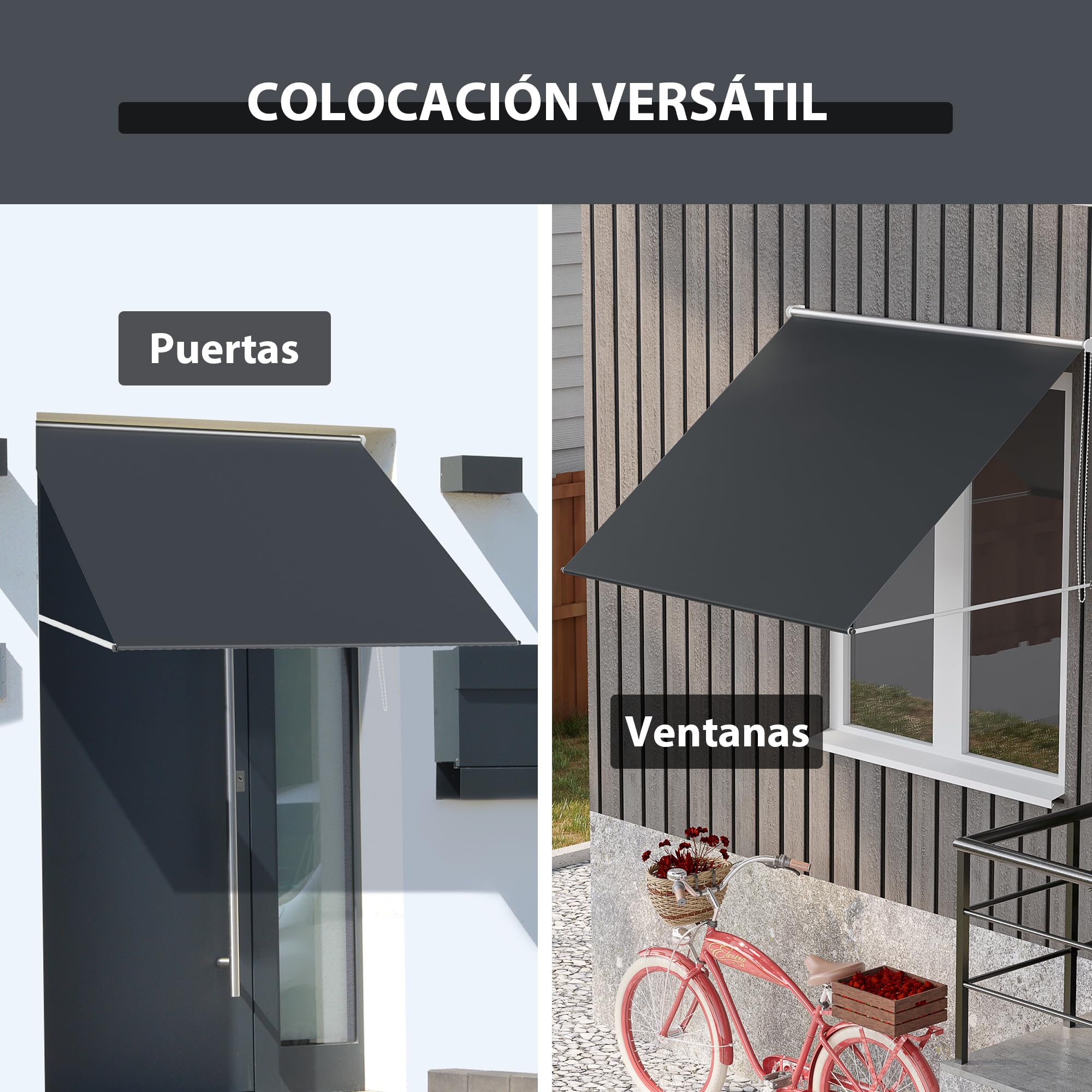 Outsunny Toldo para Ventana Manual 150x120 cm Toldo Retráctil Exterior con Estructura de Aluminio Ángulo de Inclinación Regulable Impermeable y Anti-UV Gris Oscuro
