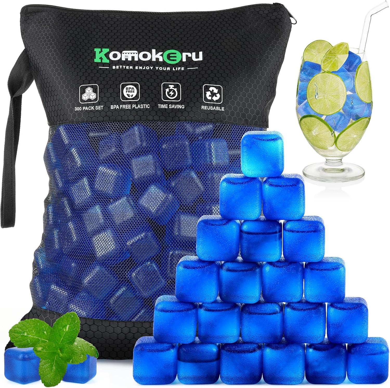 300 PCS Reusable Ice Cube for Drink, Refreezable Plastic ice Cubes Without Diluting BPA Free, Large Pack With Bag, Suitable for Whiskey Coffee Bars Ice Baths Camping(Dark Blue)