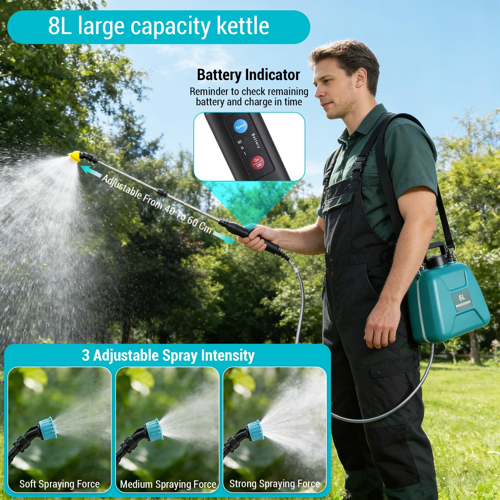 Spruzzatore Elettrico 8L con 3 Ugelli Regolabili, Pompa Irroratrice a Batteria per Giardino Cortile Prato, Ricaricabile Nebulizzatore Giardino 60cm Bacchetta Retrattile