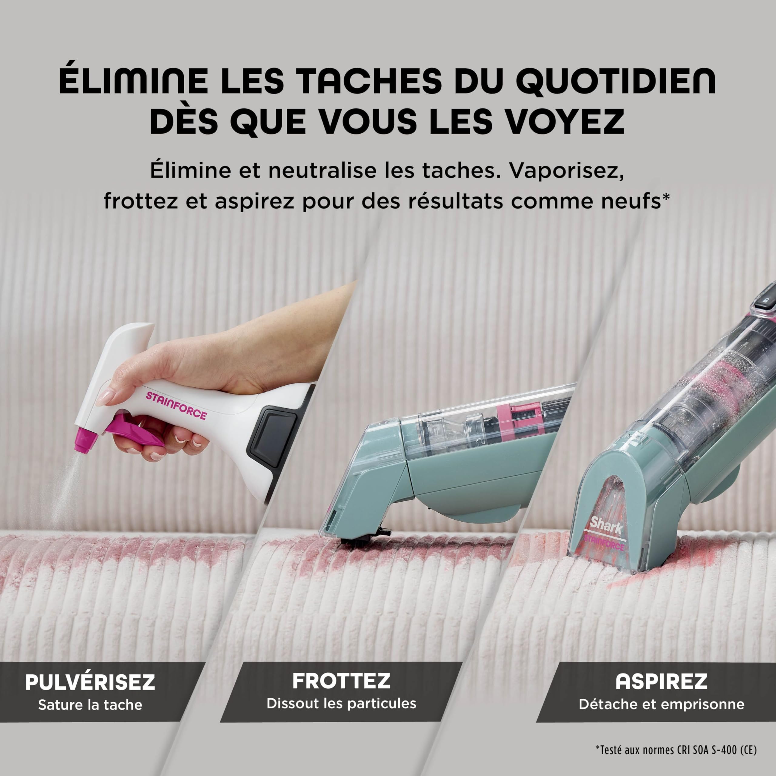Nettoyeur de tâches sans fil Shark StainForce taches et odeurs, léger, portable, détachant pour tapis, tissus d’ameublement, voitures, panier de rangement, accessoires, formule nettoyante, HX100EUCP