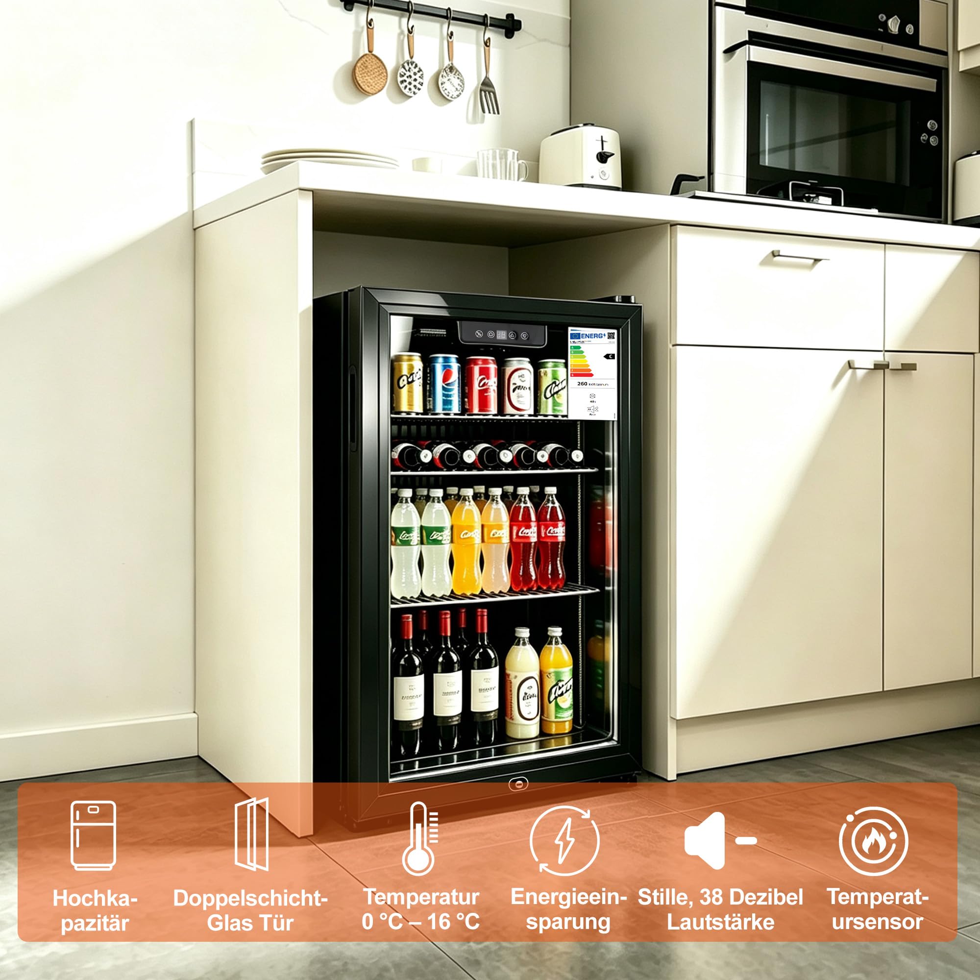 Freistehender & Unterbau Getränkekühlschrank, Dreifach verglaste Glastür, LED-Display & Innenbeleuchtung, Leiser Weinkühler & Bierkühler mit verstellbaren Ablagen und Temperaturregelung