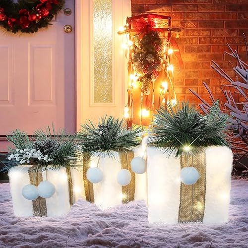 Miniatura 9 de Juego de caja de regalo iluminada de Navidad, 3 cajas tamaño S, M, L, perfecto para decoraciones de vacaciones en interiores y exteriores, caja de