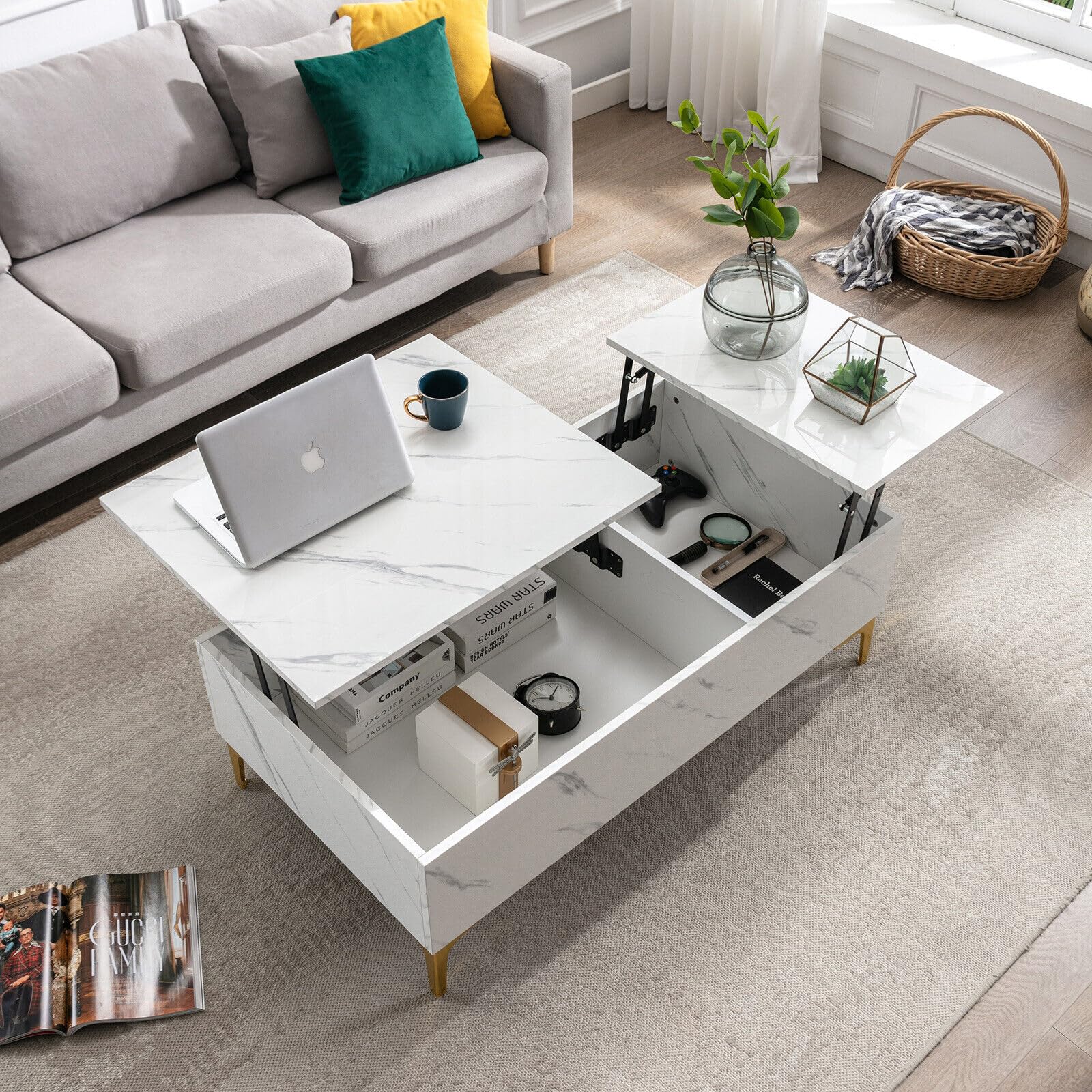 Buy 43" White Marble Lift Top Coffee Table for Living Room, Modern