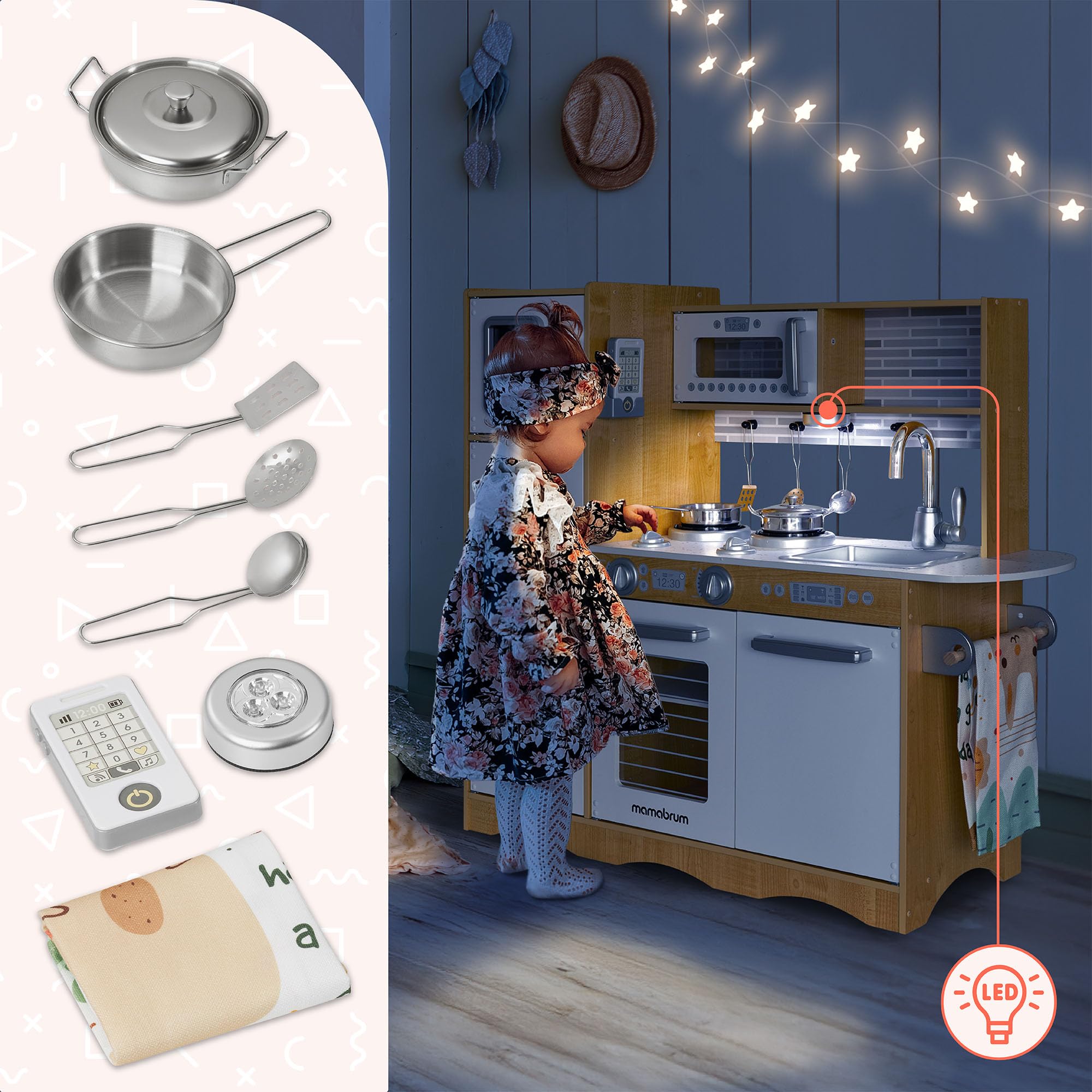 Mamabrum Large Wooden Children's Kitchen with LED Lighting, Fridge, Oven, Microwave, Tablet, Utensils and Blackboard - Educational Toy Compatible with Children 3 Years and Up - 5