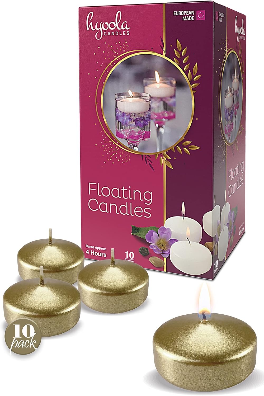 Hyoola Premium Metallic Silver Floating Candles 2 Inch - 4 Hour Burn Time - Made in Europe - 10 Pack