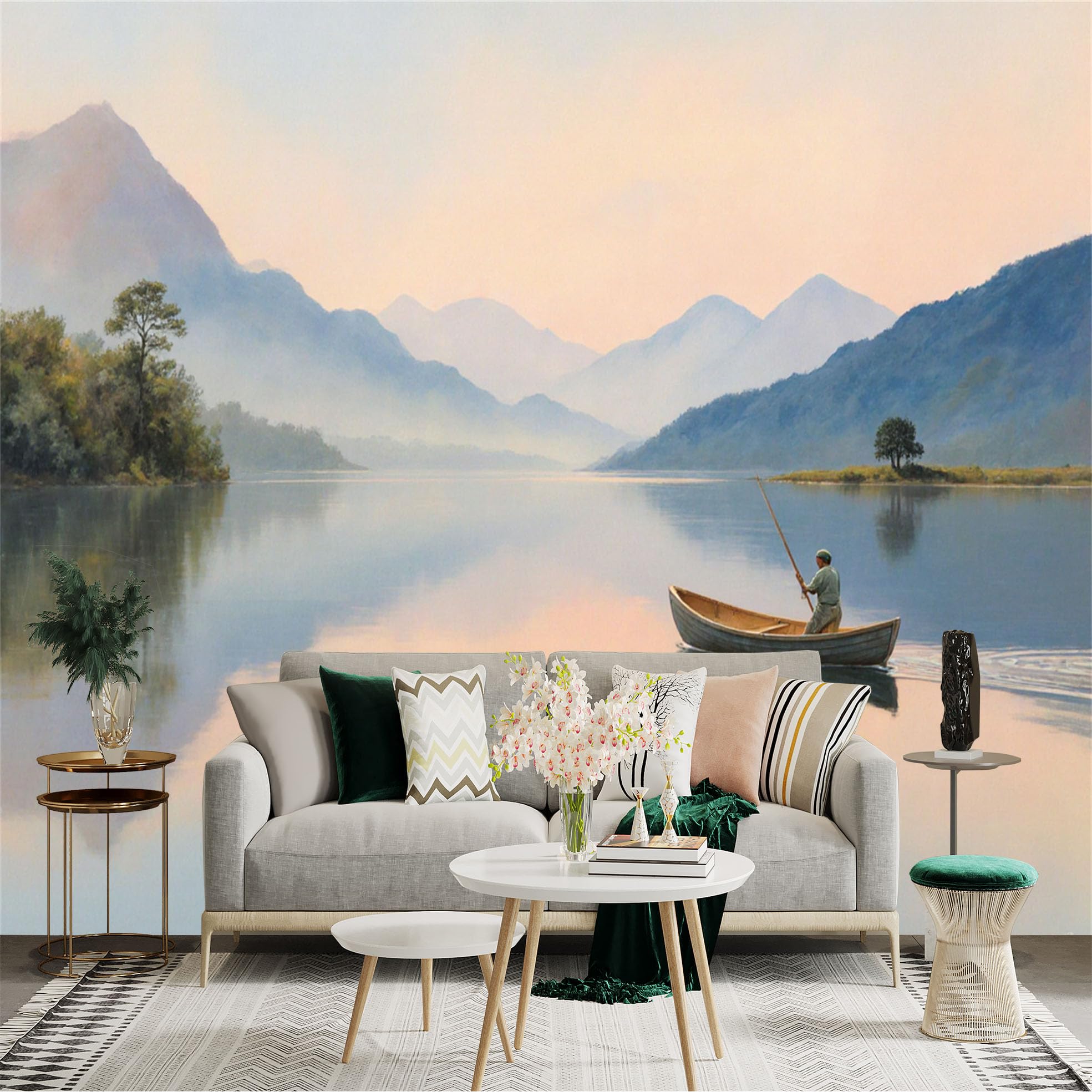 Lnzczhyre Xc260505101 Custom Size Wall Sticker Mural， Serene Lake With Rowing Boat， Misty Mountain Landscape At Sunrise， Calm Water Reflection， Nature Scenery， For Wall Decoration， Peelandstick Wall Decals.