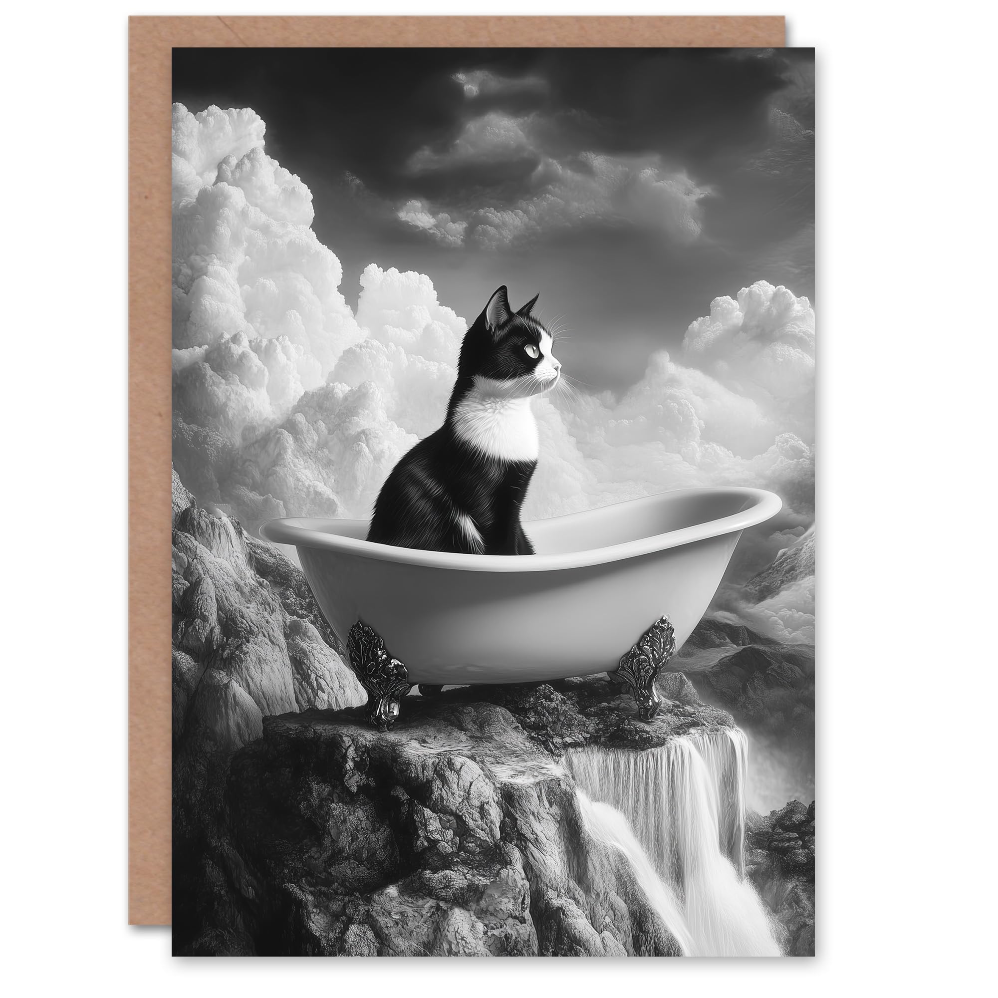 Artery8 Greeting Card Cat Lover Kitten Bathtub Waterfall Cliff Surreal Blank For Him Or Her Art Birthday Card