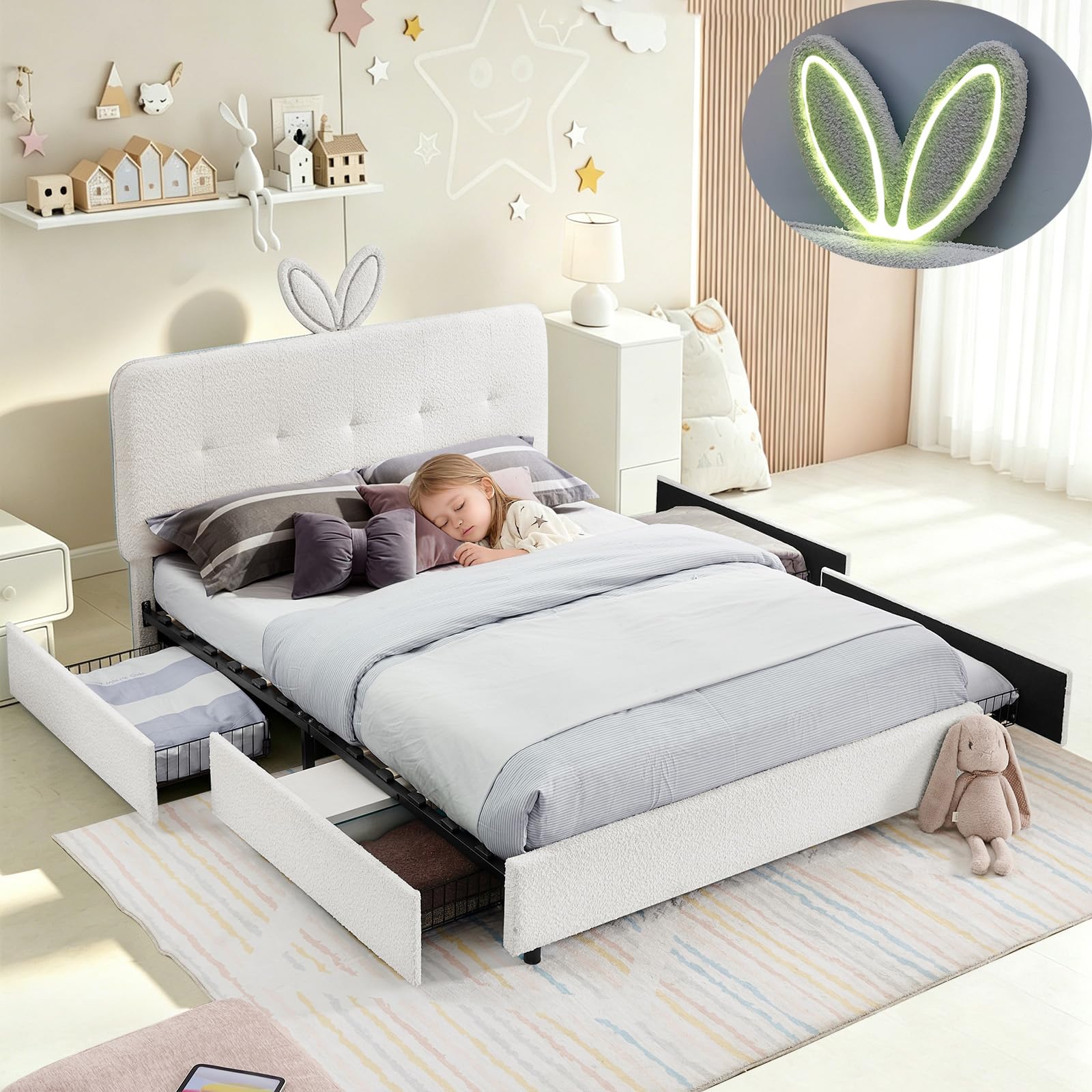 Queen Led Bed Frame with 4 Storage Drawer, Upholstered Platform Floor Bed with Rabbit Ear Headboard Daybed Strong Wooden Slats No Box Spring Needed for Kids Girls Boys, Beige